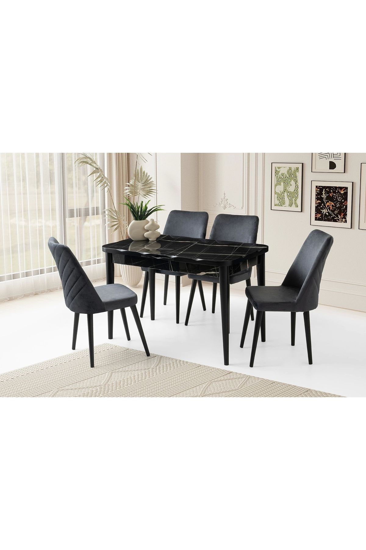Evistro Kelebek Kütük Sonata Ahşap Salon Yemek Masa Takımı 4 Sandalyeli Ortadan Açılır Büyüyen 90x160cm