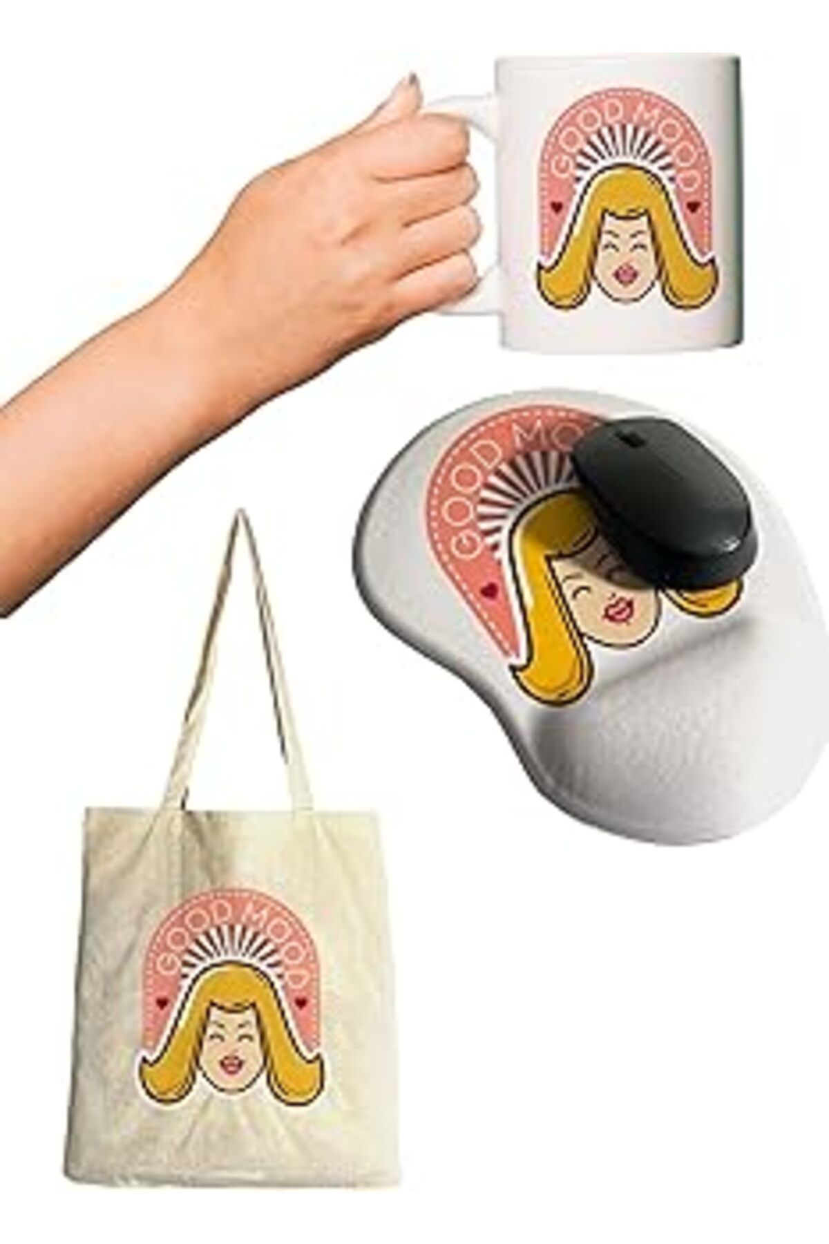 Mu Art Ahşap Rakkun Shop Good Mood Baskılı Bilek Destekli Mouse Pad + Kupa Bardak Mug + Bez Çanta