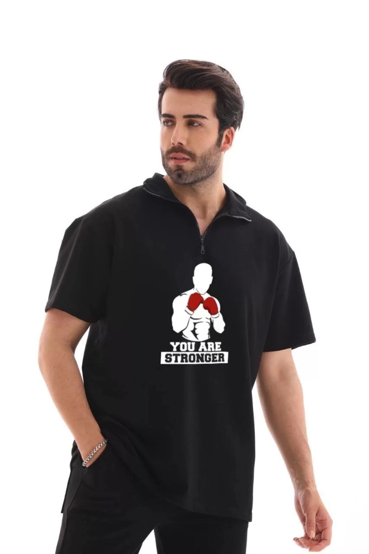 CVS Unisex Yarım Fermuarlı Oversize Baskılı T-Shirt - Siyah