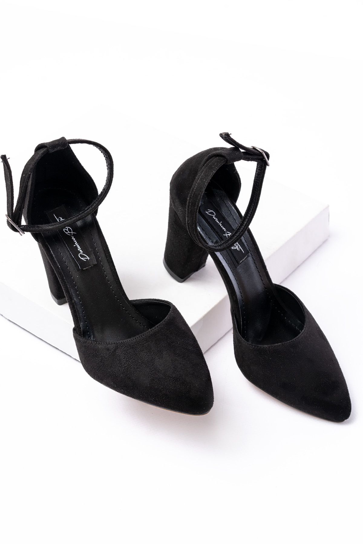 DURUNUN BUTİĞİ-Arolf Black Suede Ankle Strap (8 cm Heels) Shoes 4