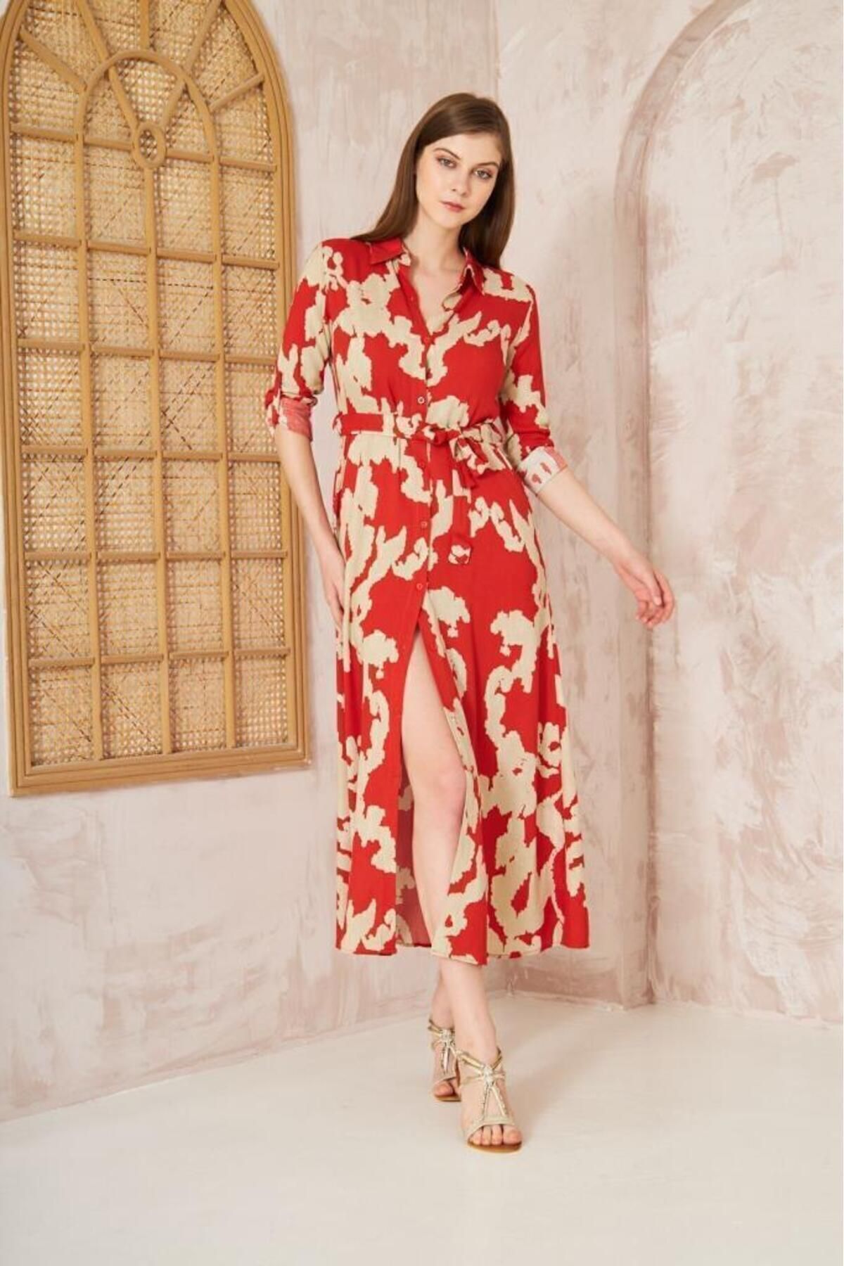 Yıldızistan Rochie De Vară Cu Centură 100% Viscoză - Mânecă Lungă, Croială Strânsă - 700- 3413350 Femeie - 38