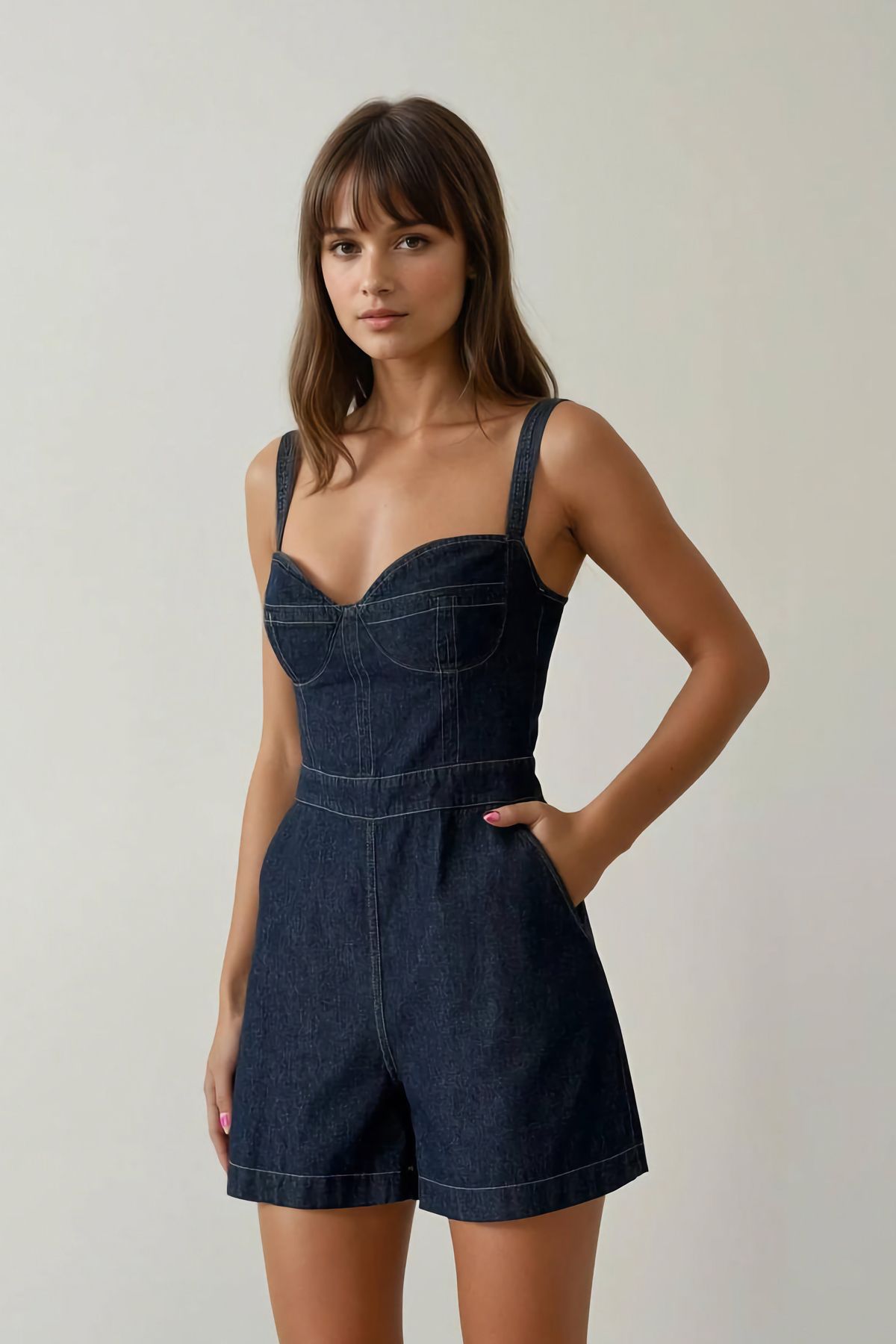 Pissos Kadın Lacivert Askılı Kısa Kot Tulum - Yazlık Gloplu Mini Denim Elbise | SS2025