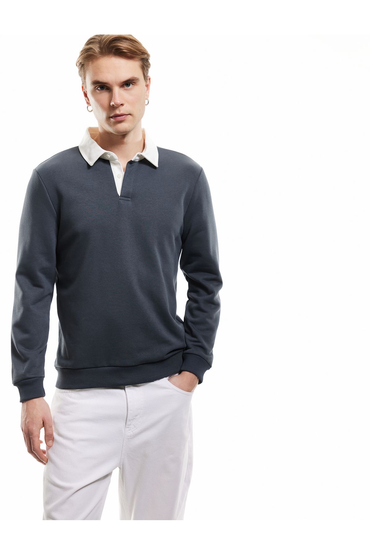 Koton Yeni Sezon Uzun Kollu Pamuk Karışımlı Renk Kontrastlı Basic Polo Yaka Sweatshirt