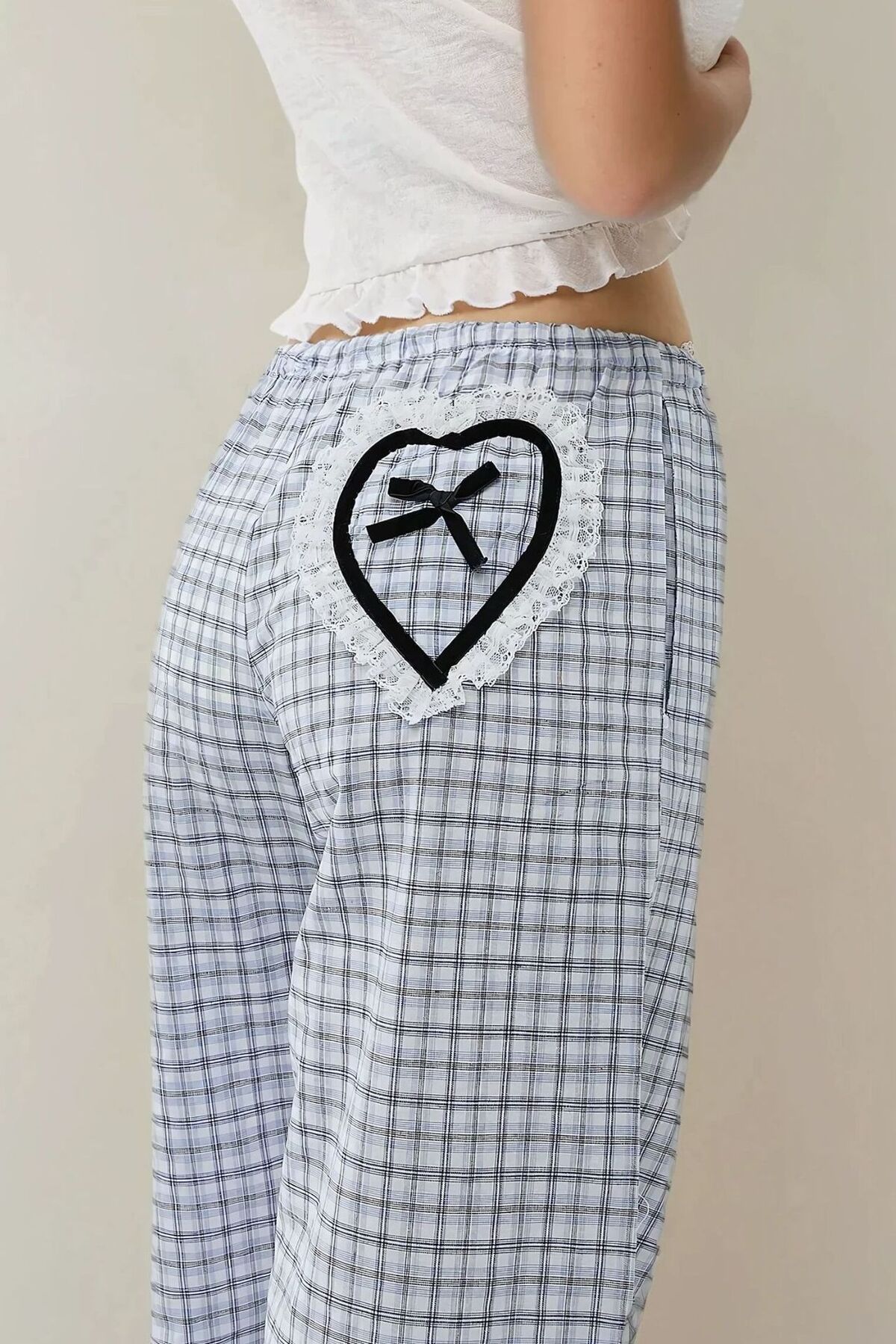 Hiccup-Plaid Patterned Pajama Bottoms with Heart Embroidery Detail on the Back 2