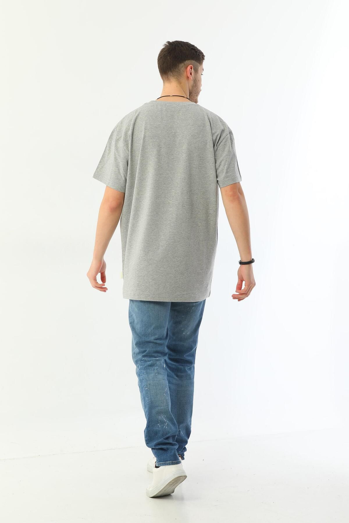 Edelle-Organic Crew Neck Oversize Gray Melange Men's T-Shirt 4