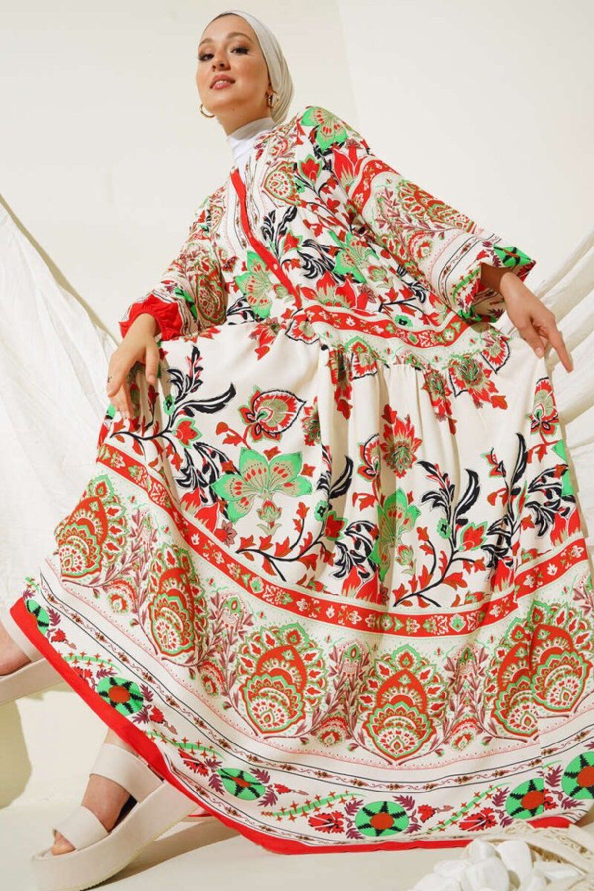Vogueway-2423 Authentic Patterned Hijab Dress - Red 7