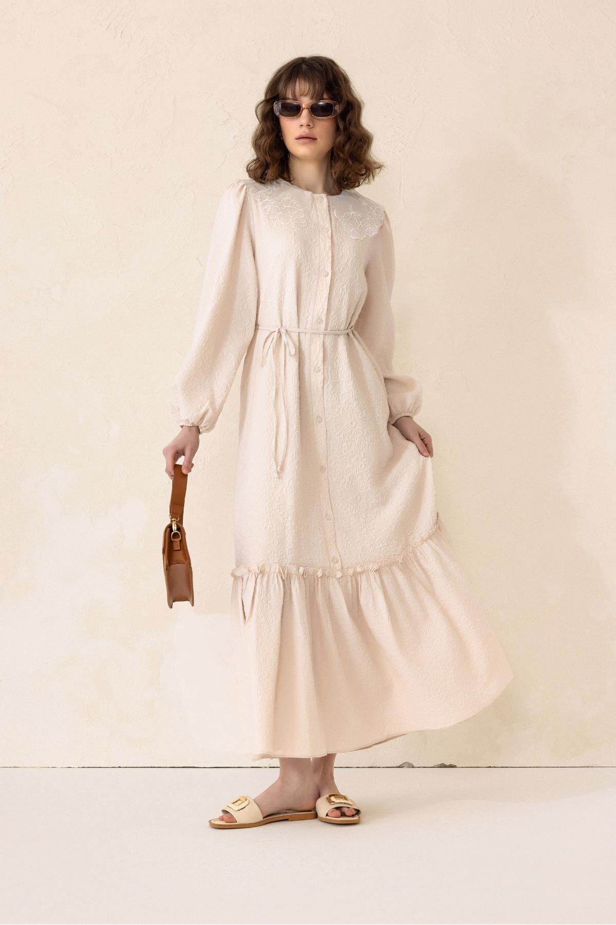 Olcay-Jacquard Long Dress with Scallop Detail Beige 9298-E 6