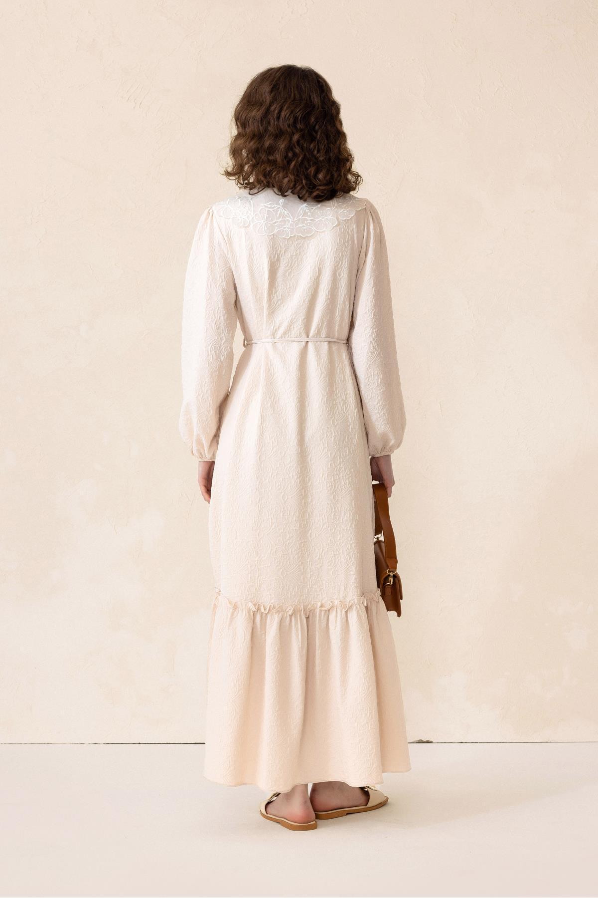 Olcay-Jacquard Long Dress with Scallop Detail Beige 9298-E 7