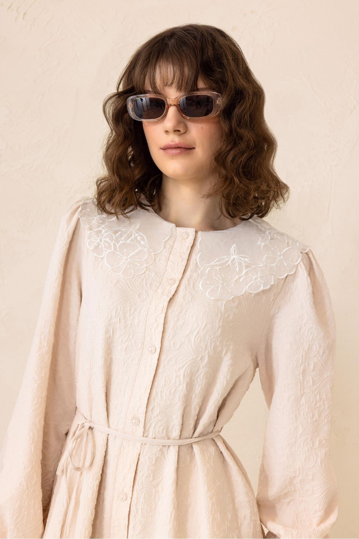 Olcay-Jacquard Long Dress with Scallop Detail Beige 9298-E 3