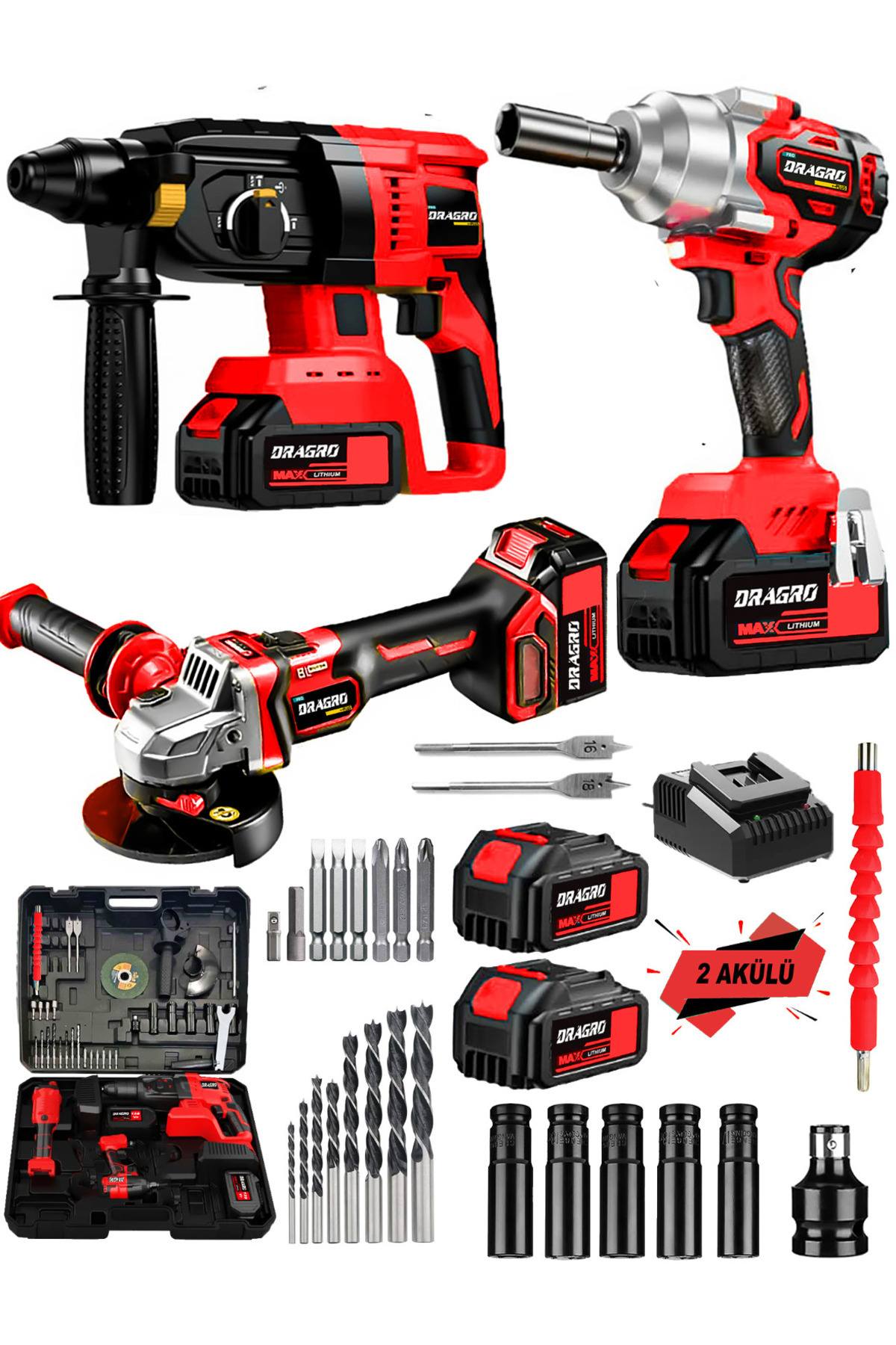 Dragro Germany Pro 128 V 3'lü Set Kırıcı Delici Somun Sıkma Taşlama Makinesi 2 Akülü Kömürsüz Full Set