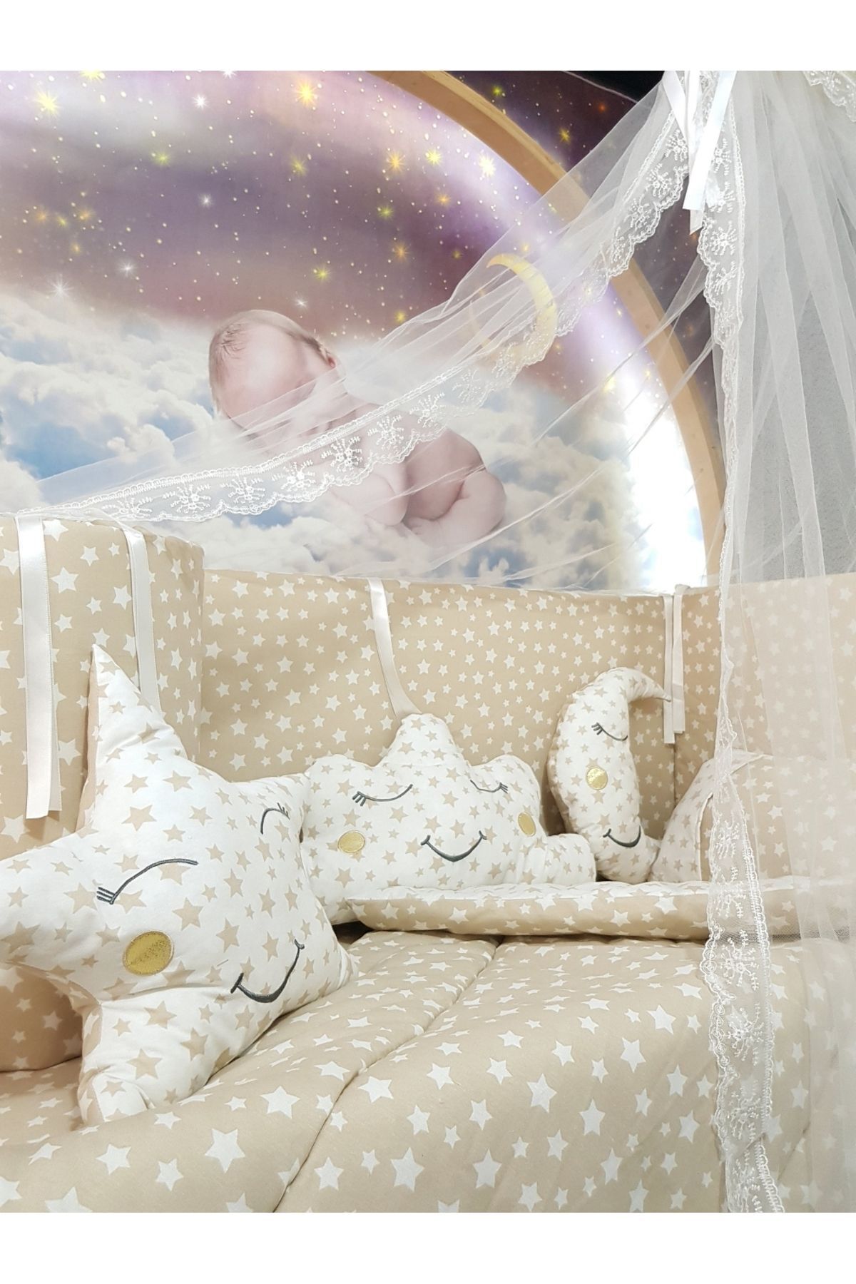 Baby Clime 60x120 Bebek Uyku Seti - Cibinlik Ve Aparat - Kahverengi Yıldız Desen fotoğrafı 4 (önizleme)