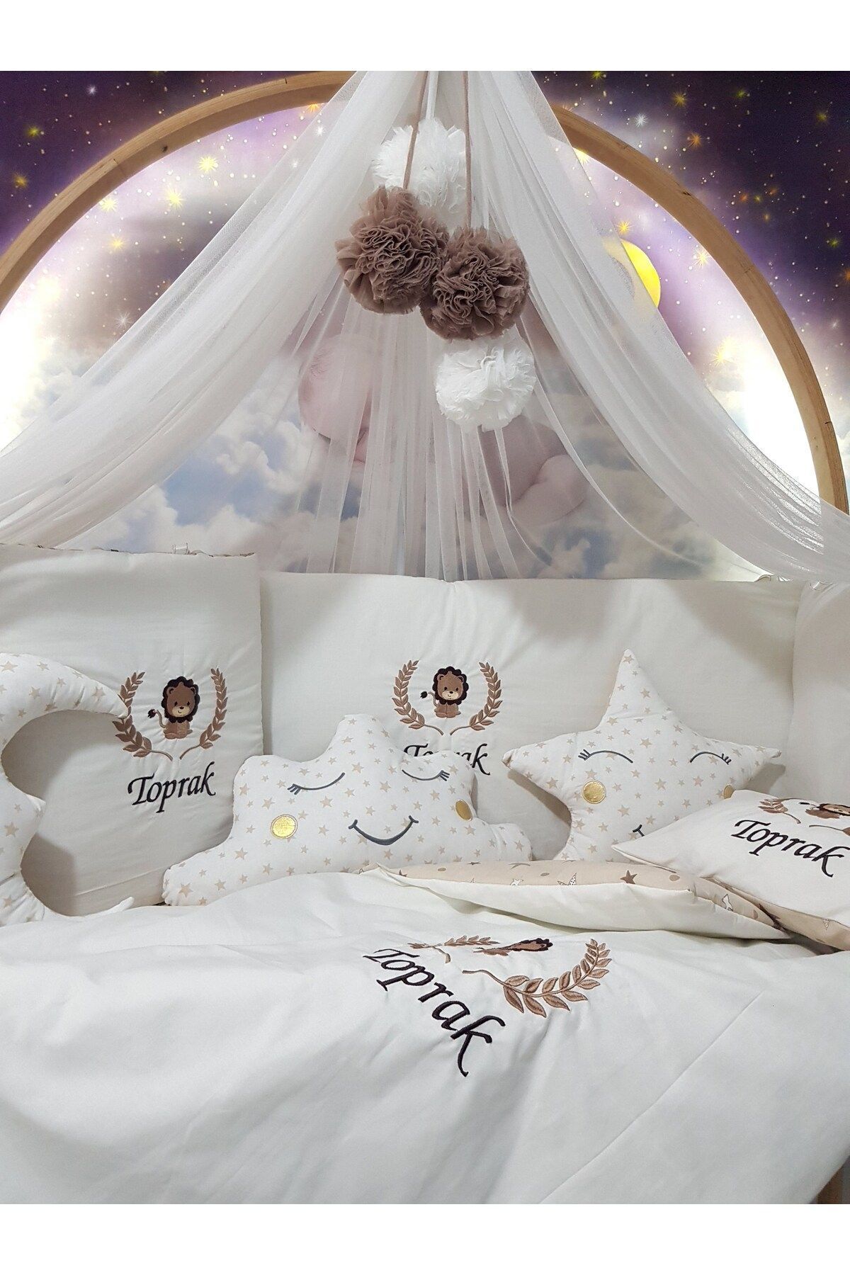 Baby Clime 60x120 Nakışlı Bebek Uyku Seti Isimli - Lüks Cibinlik Ve Aparat - Aslan Başak Motifi fotoğrafı 2 (önizleme)