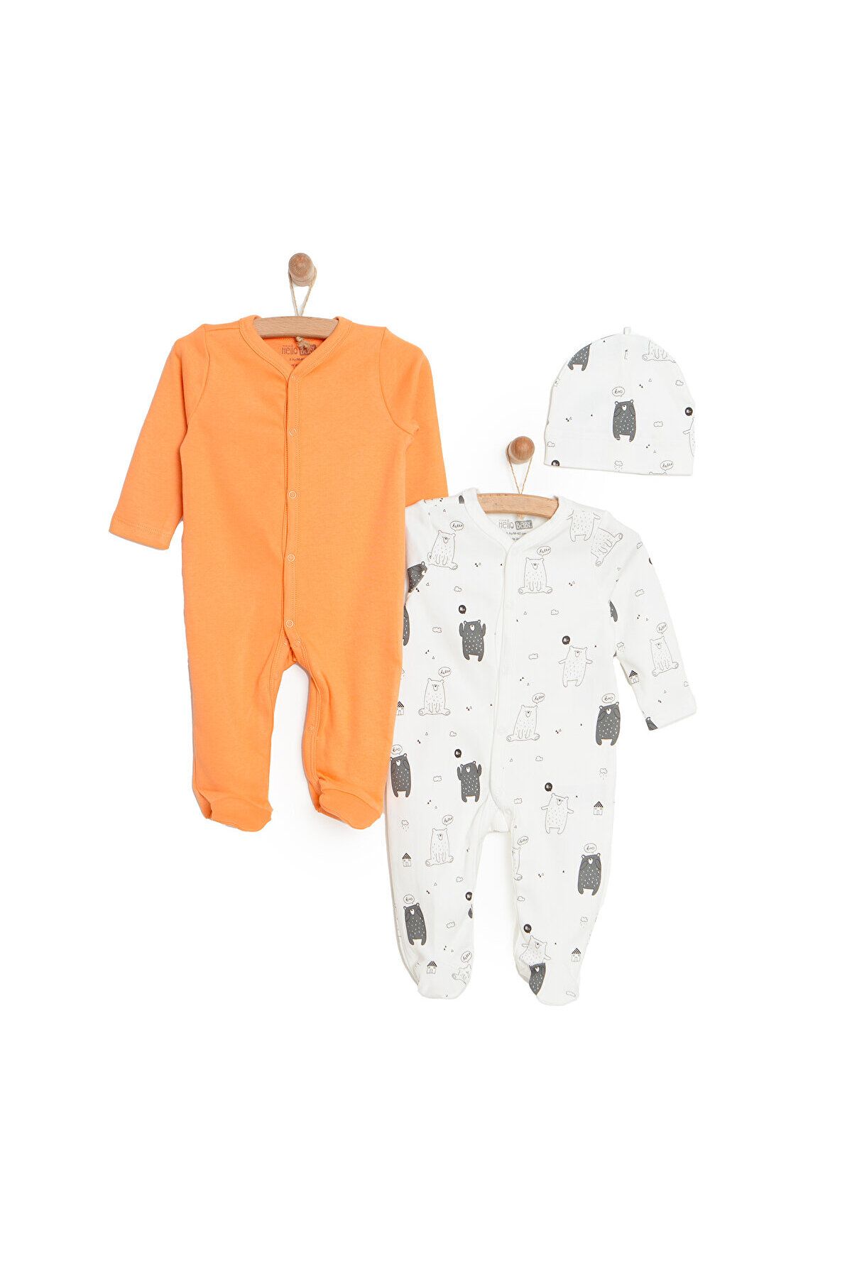 کلاه دو تکه HelloBaby Unisex Newborn - ست کلاه با گیره، یقه خدمه، آستین بلند با چکمه، نارنجی ebebek Hello Baby