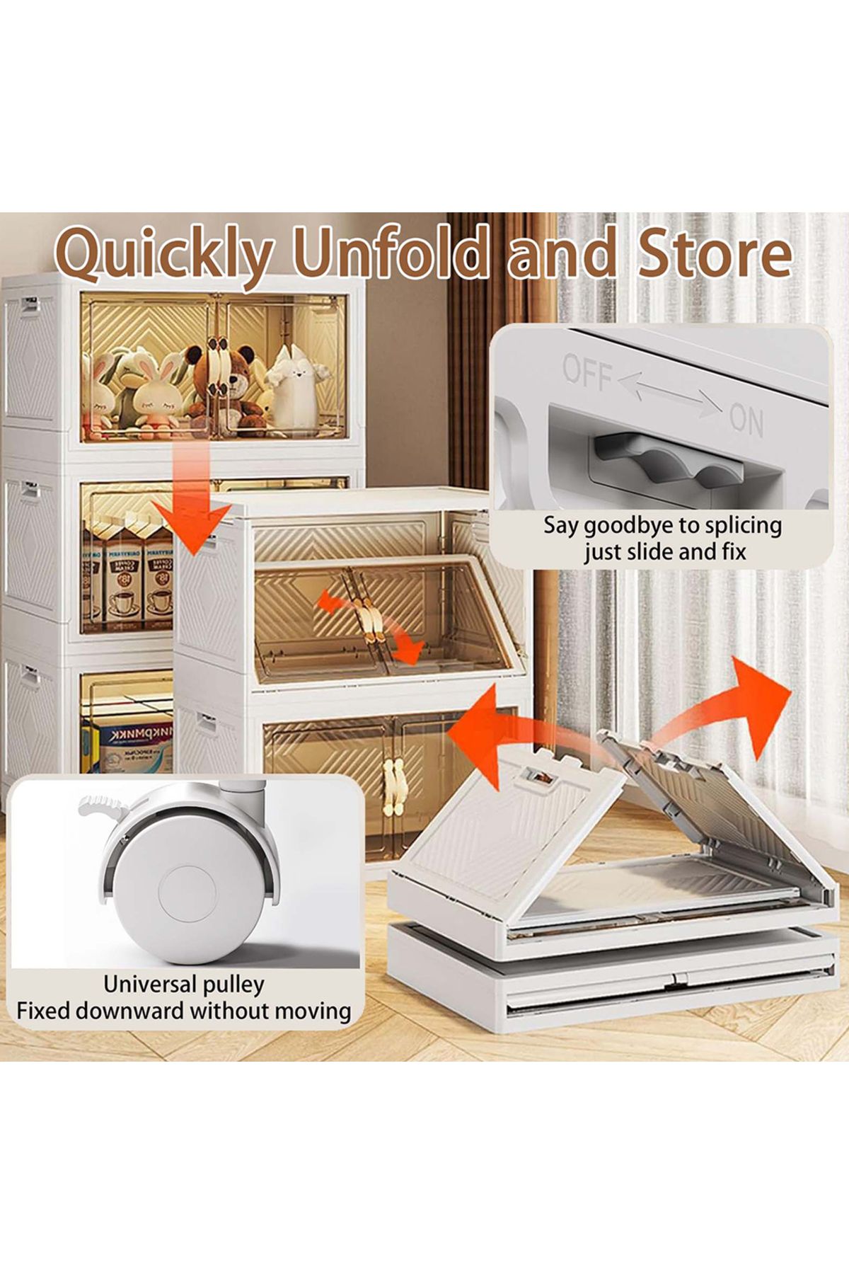 EqiEch-Stackable Folding Storage Bins With Lids, 2-layer Portable Plastic Cabinet With Wheels 4