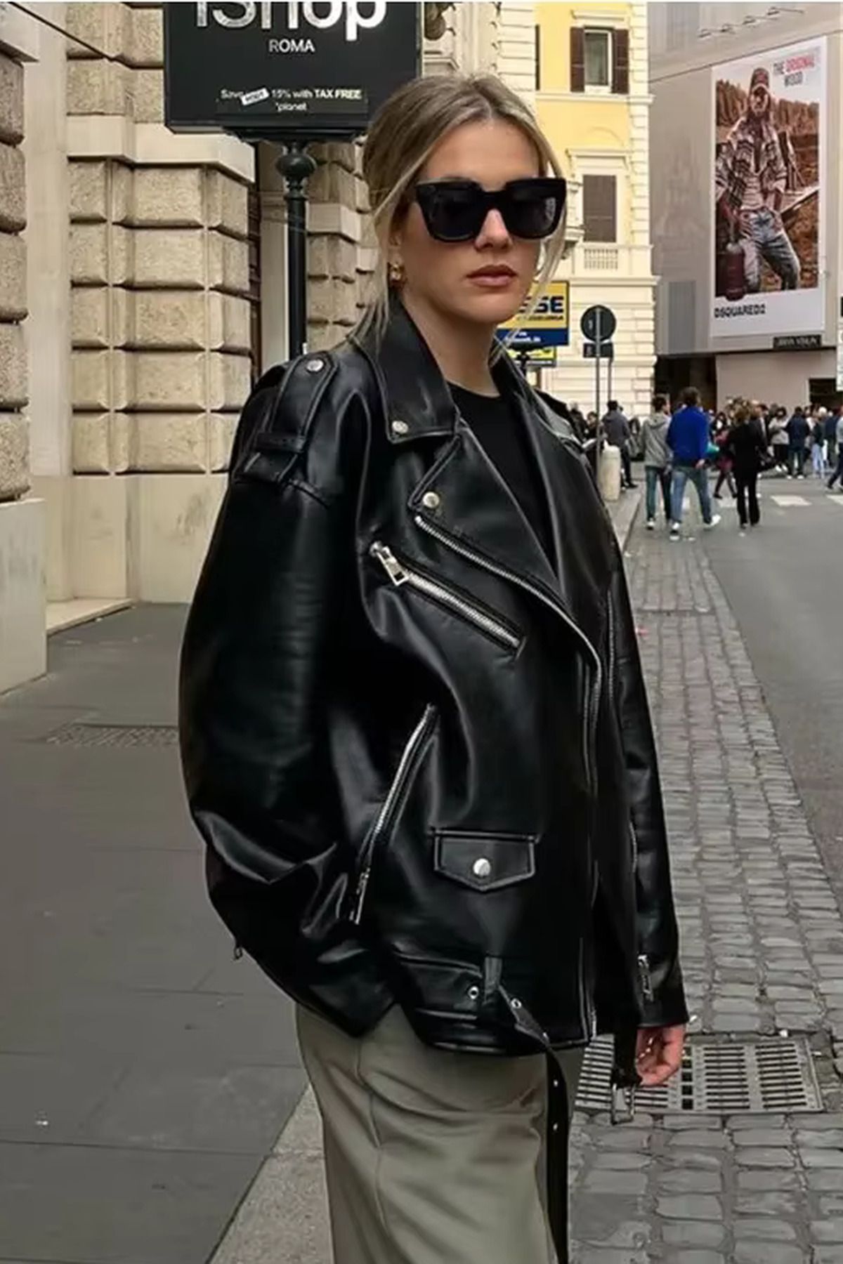 Jaglion Oversize Μακρύ Γυναικείο Μαύρο Δερμάτινο Μπουφάν