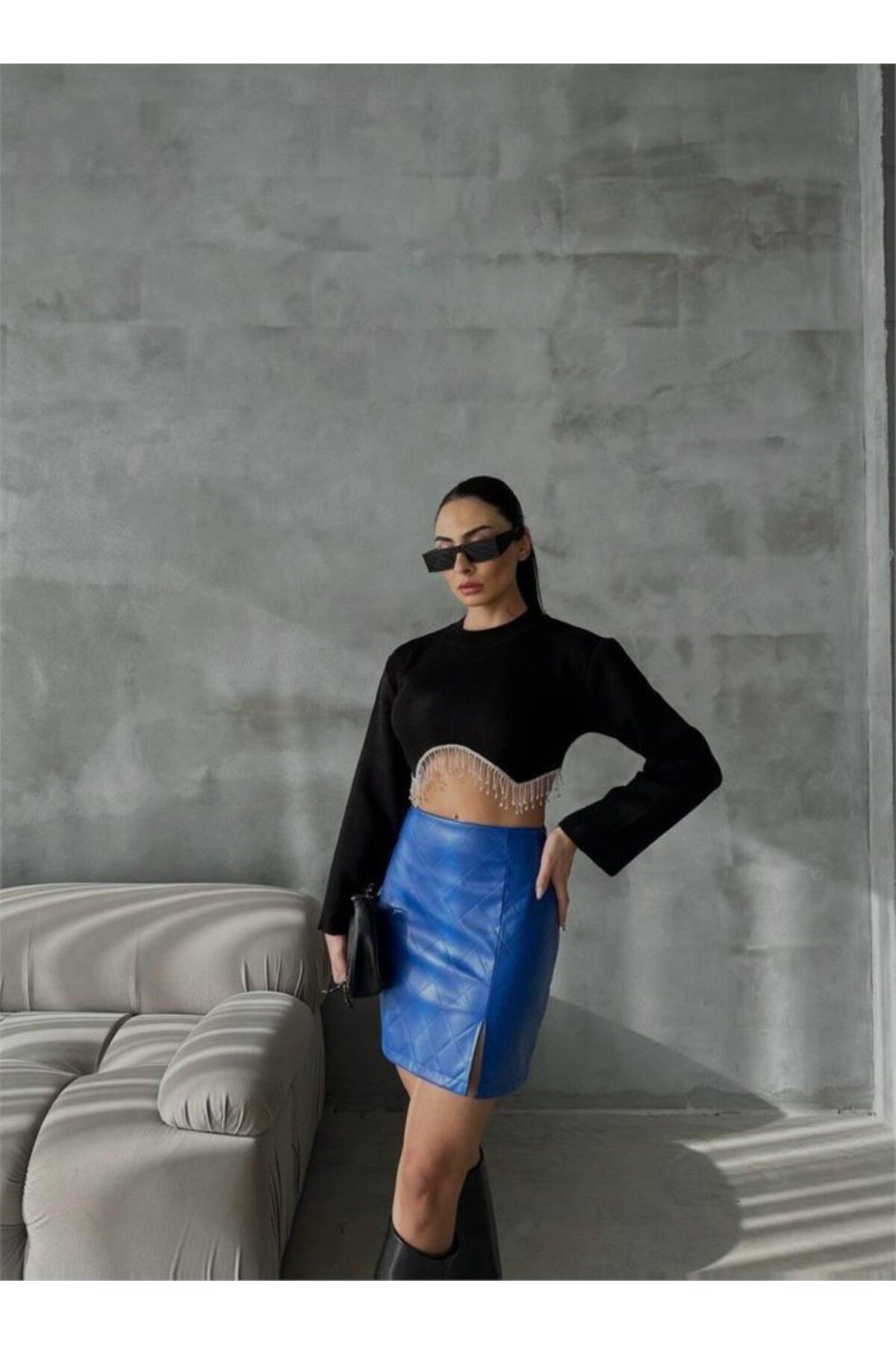 moda wanilia KAPİTONE DERİ ETEK YIRTMAÇLI - Saks