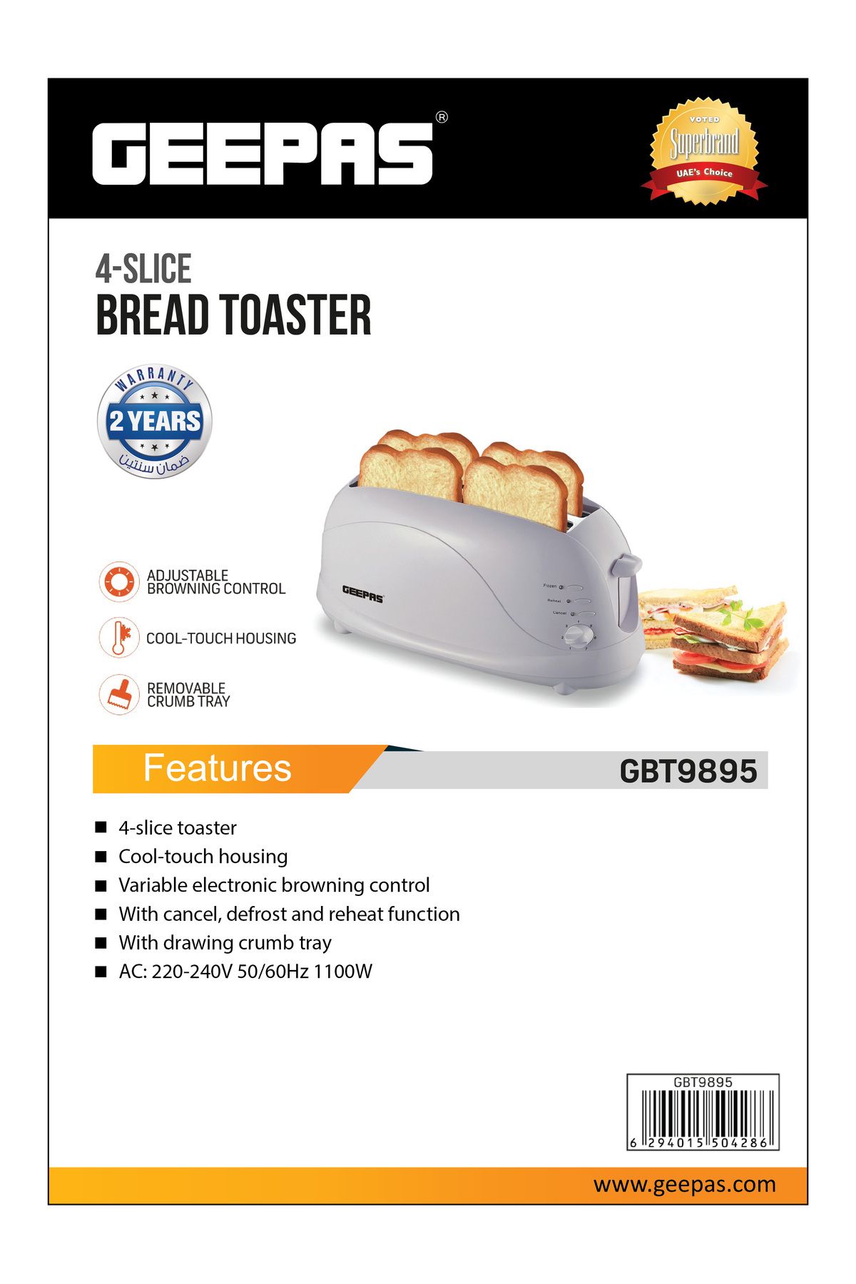 Geepas-4 Slices Bread Toaster 1100W Crumb Tray| 7 Settings with Cancel, Defrost & Reheat Function|GBT9895 7