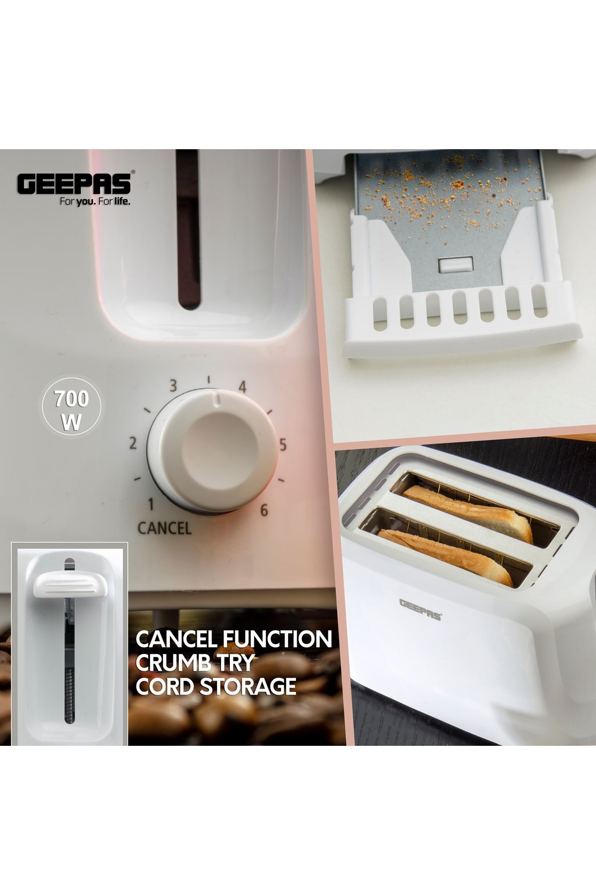 Geepas-محمصة خبز بشريحتين، إعدادات تحمير متغيرة | وظيفة إلغاء، صينية فتات قابلة للإزالة، فتحات واسعة 4