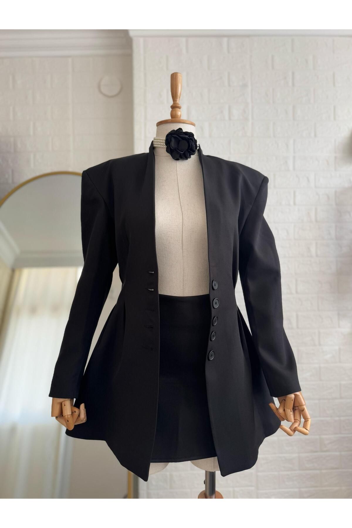 Hotfashion-Padded Collar Detail Skirt Jacket Set 3