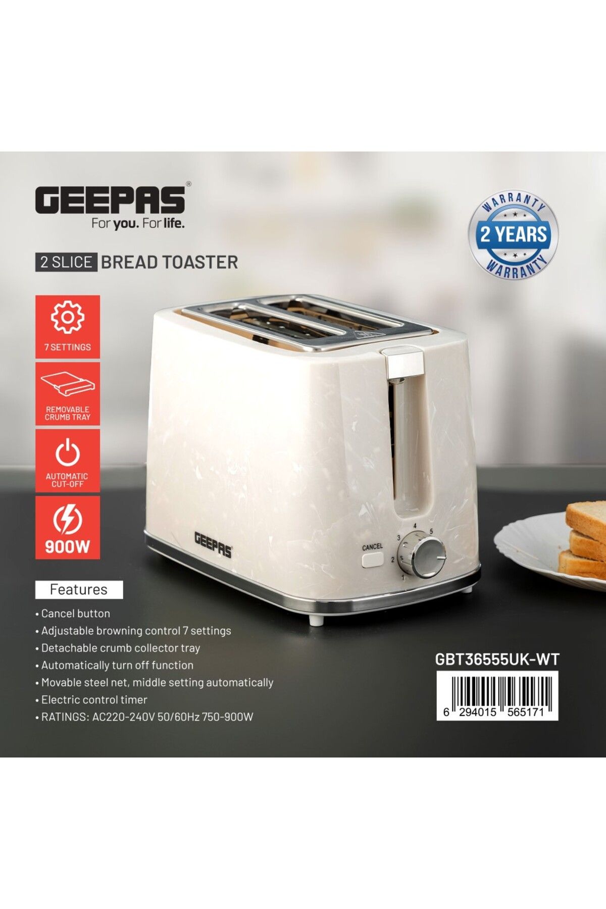 Geepas-Bread Toaster 2 Slice Slot| 7 Adjustable Browning Control and Removable Crumb Tray, Cancel Button| 7