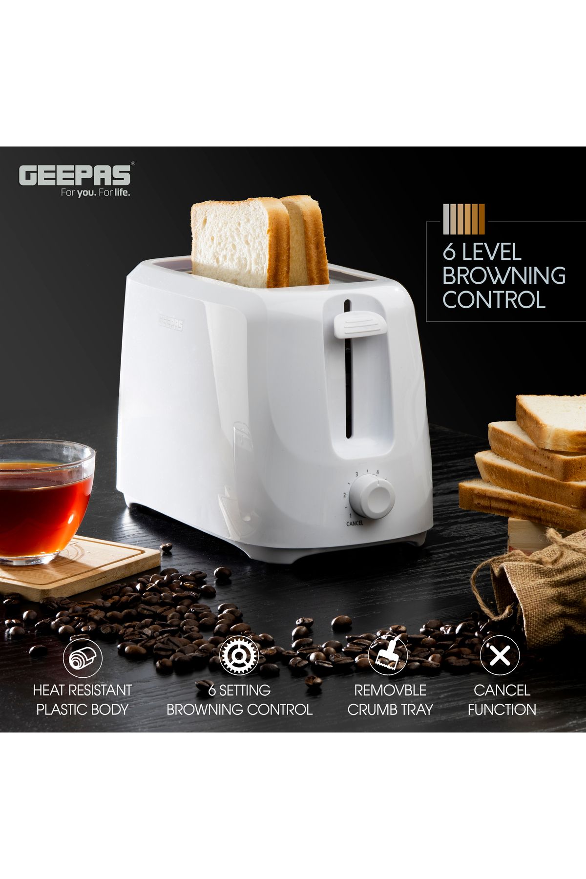 Geepas-محمصة خبز بشريحتين، إعدادات تحمير متغيرة | وظيفة إلغاء، صينية فتات قابلة للإزالة، فتحات واسعة 1