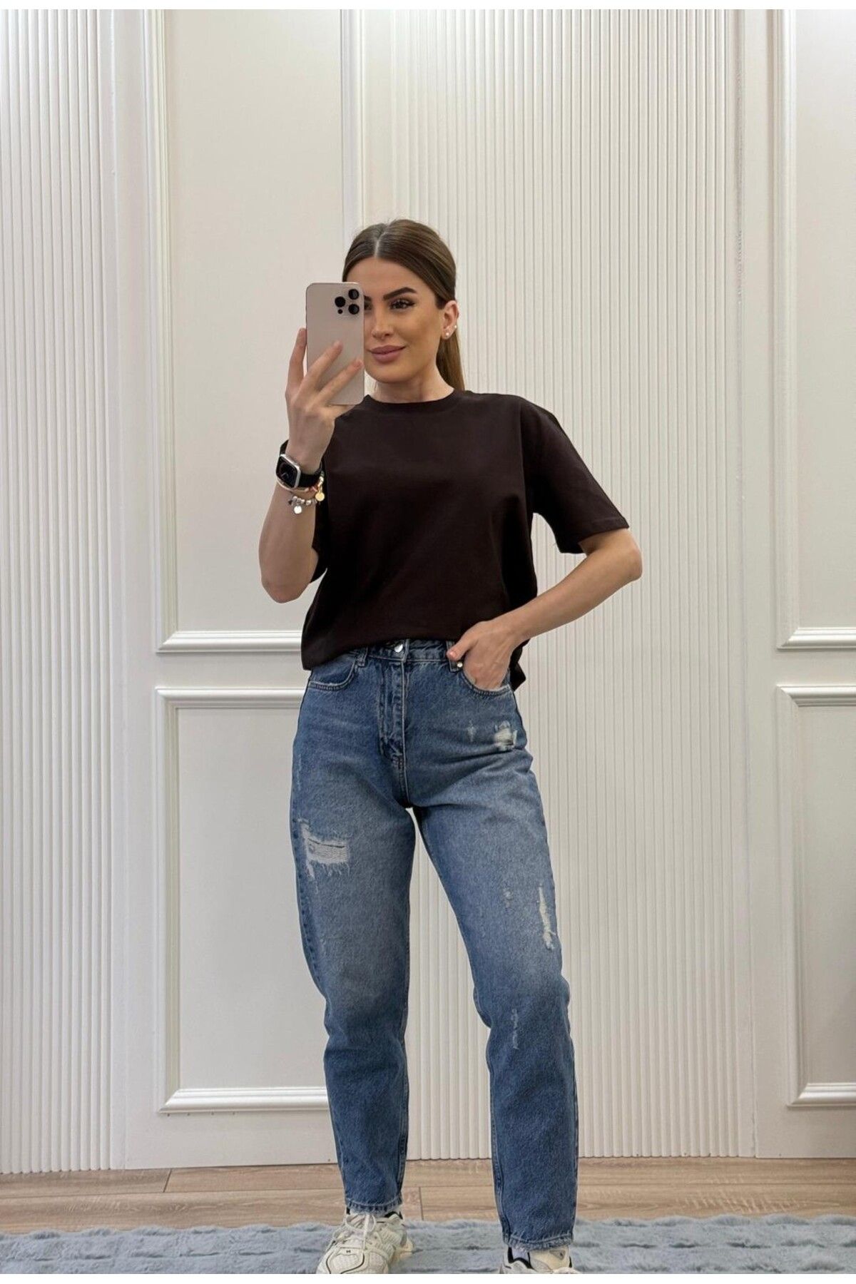 İkra Yırtık Detay Denim Mom Jeans