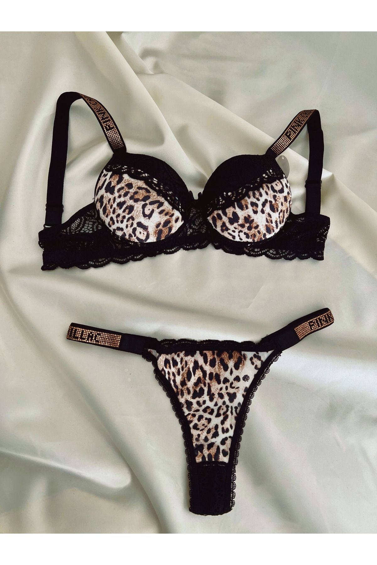 Dantelle Lingerie Taşlı Leoparlı Sütyen Takımı