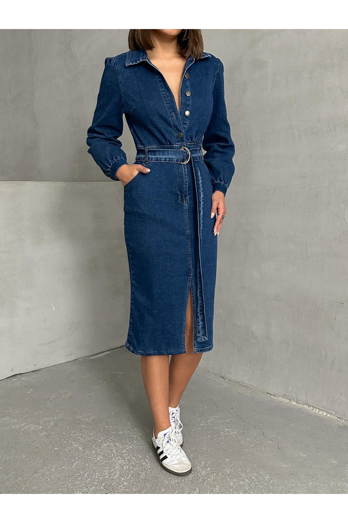 Miss Prova  Kemerli Önden Yırtmaçlı Midi Denim Elbise MISSEL00936 - Görsel 4