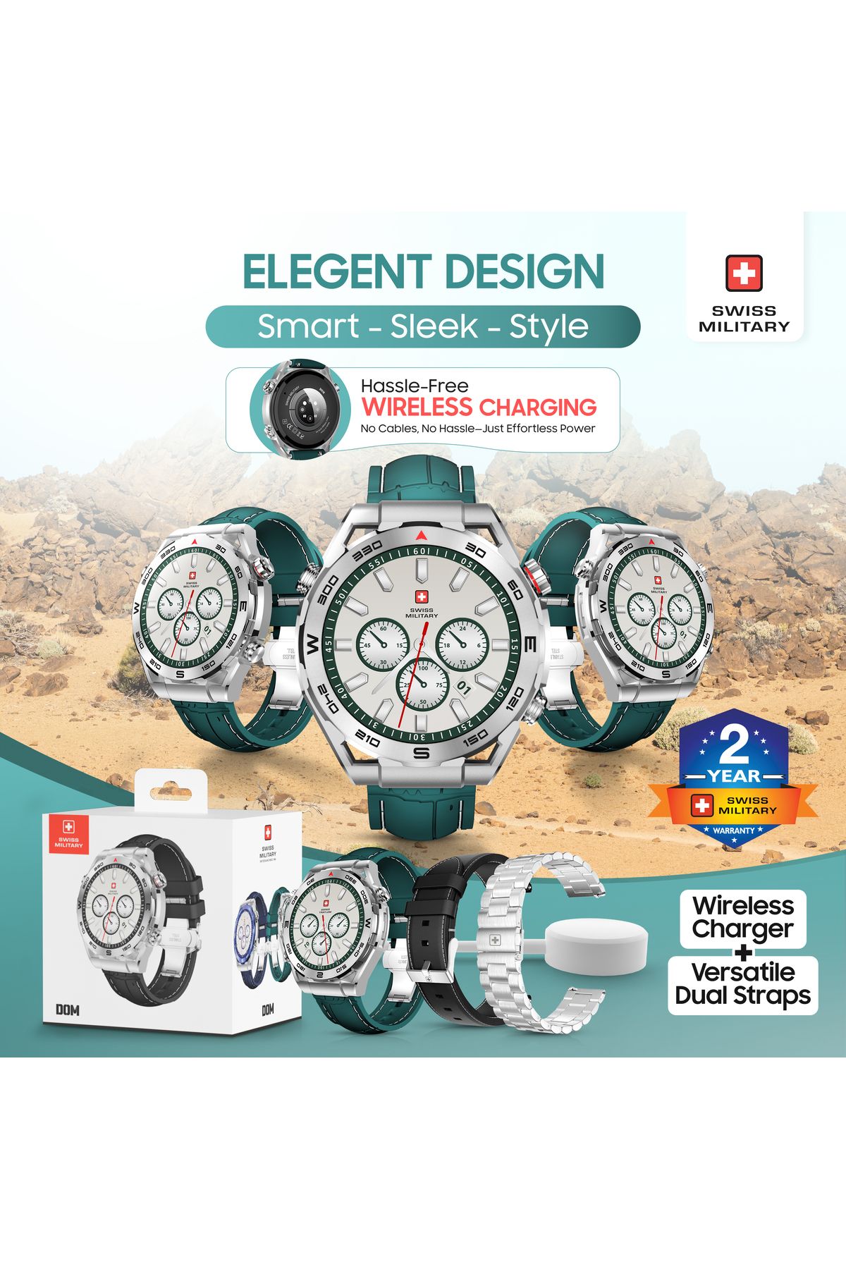 Swiss Military-DOM3 Smartwatch- 1.43" AMOLED, Bluetooth Calls, HR/BP/O2 Monitoring, Wireless Charging, IP67-Green 6