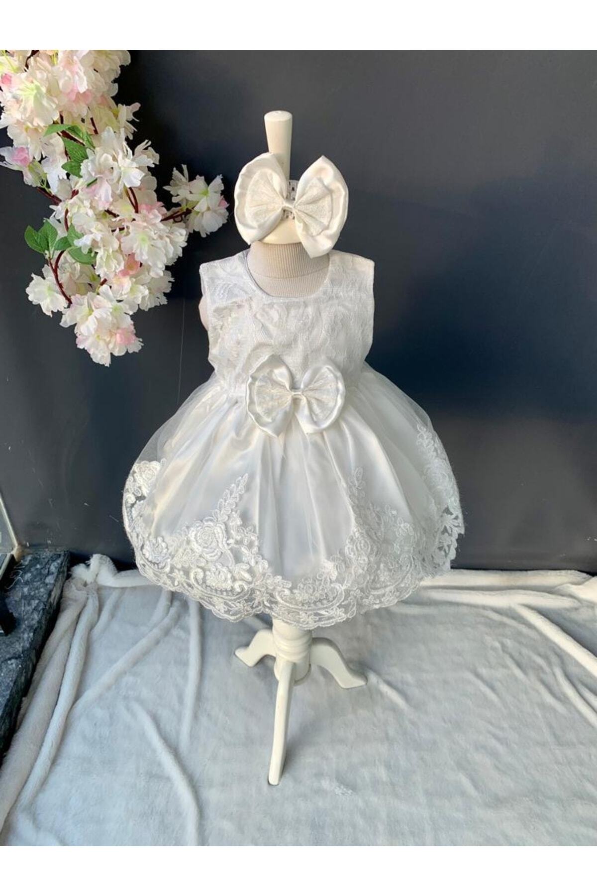 PİLEKİ BABY Kız Bebek Yenidoğan  Gelinlik Prenses Elbise 5 parça Mevlütlük Set Uzun Kollu Dantelli Elbise fotoğrafı 7 (önizleme)