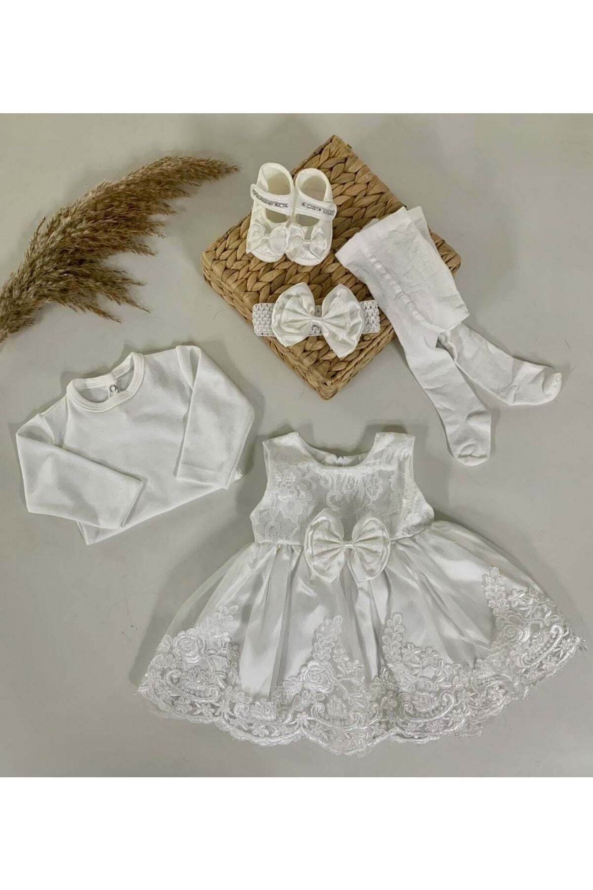 PİLEKİ BABY Kız Bebek Yenidoğan  Gelinlik Prenses Elbise 5 parça Mevlütlük Set Uzun Kollu Dantelli Elbise fotoğrafı 6 (önizleme)