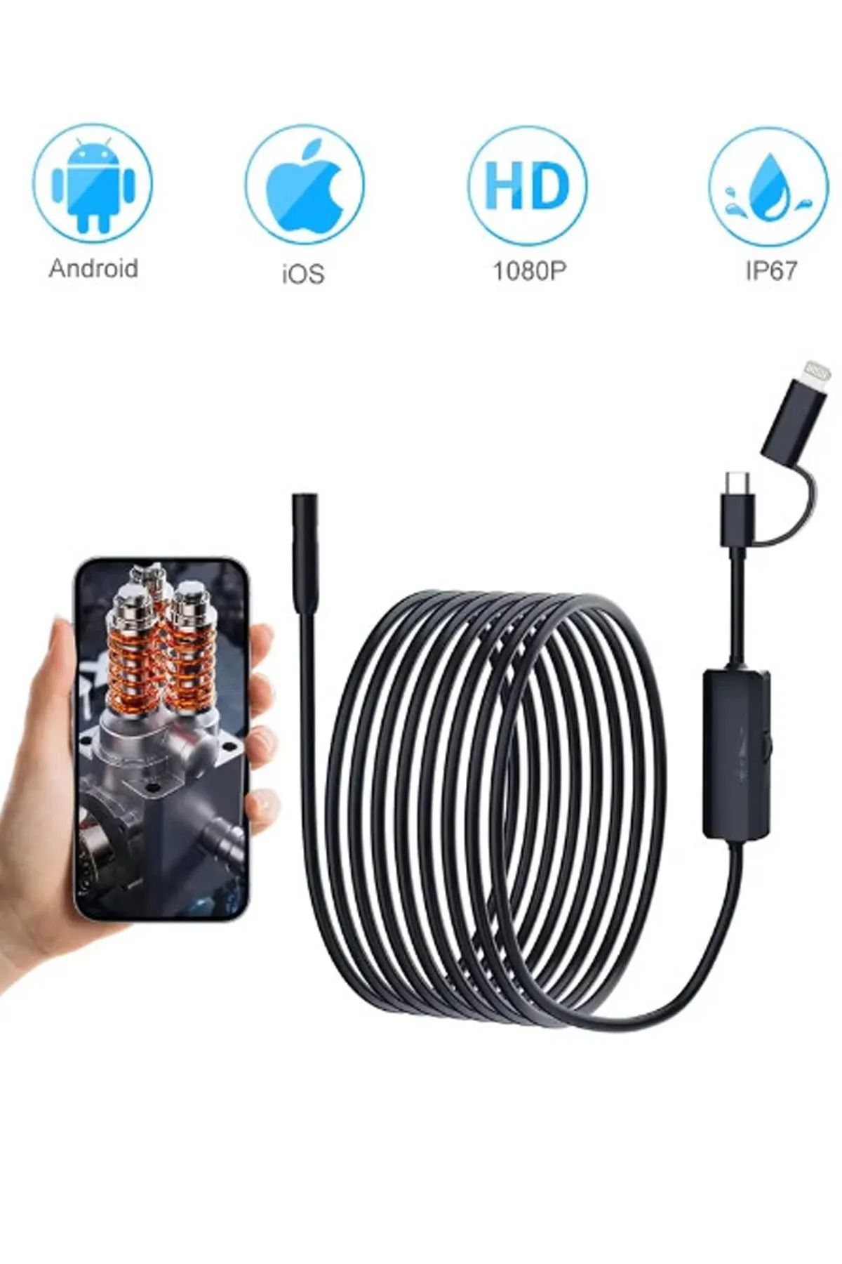 whitetech 10 Metre Endoskop Yılan Video Kamera Ios ve android Uyumlu Led'li 8 mm Sert Kablo 2mp Gece Görüşlü