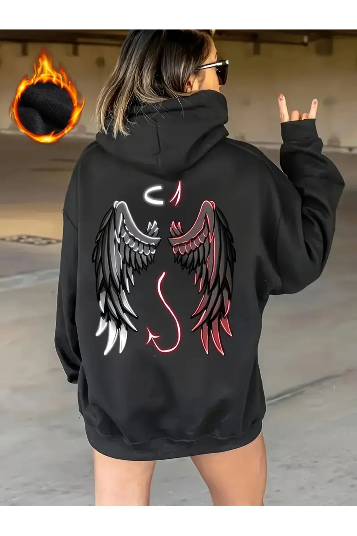 PENTHİLUS Kadın Günlük Kapüşonlu Sweatshirt Sanatsal Kanat Baskılı