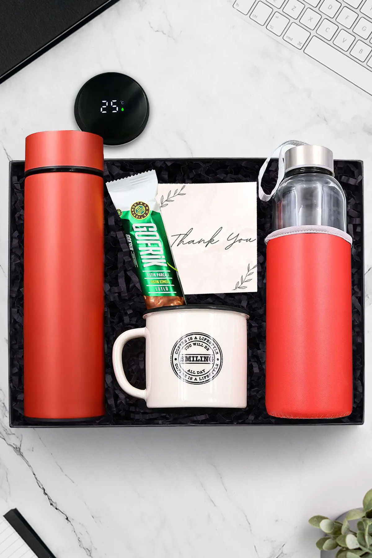 Trendmiya Kırmızı Dereceli Termos- 500 ml Cam Matara- Vintage Kupa- Gofrik Hediye Seti