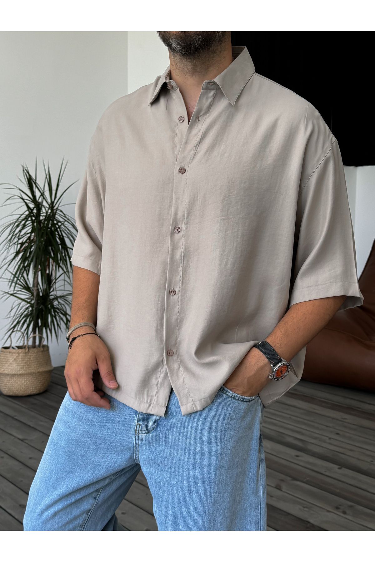 BYBASICMAN-Beige Basic Short Sleeve Shirt V-40-788 2