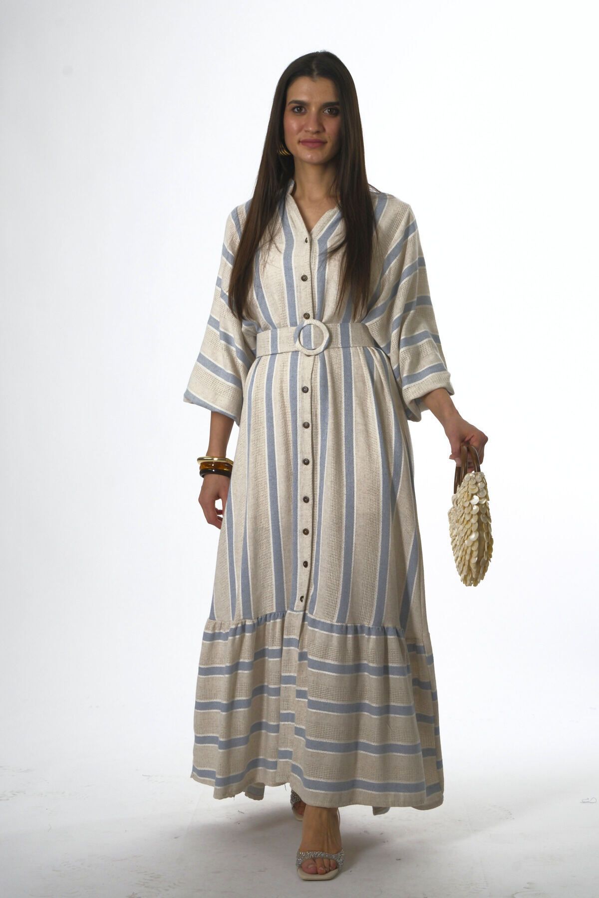 ABBRA-Women's Prevailing Neckline Striped Summer Dress with Belt 6