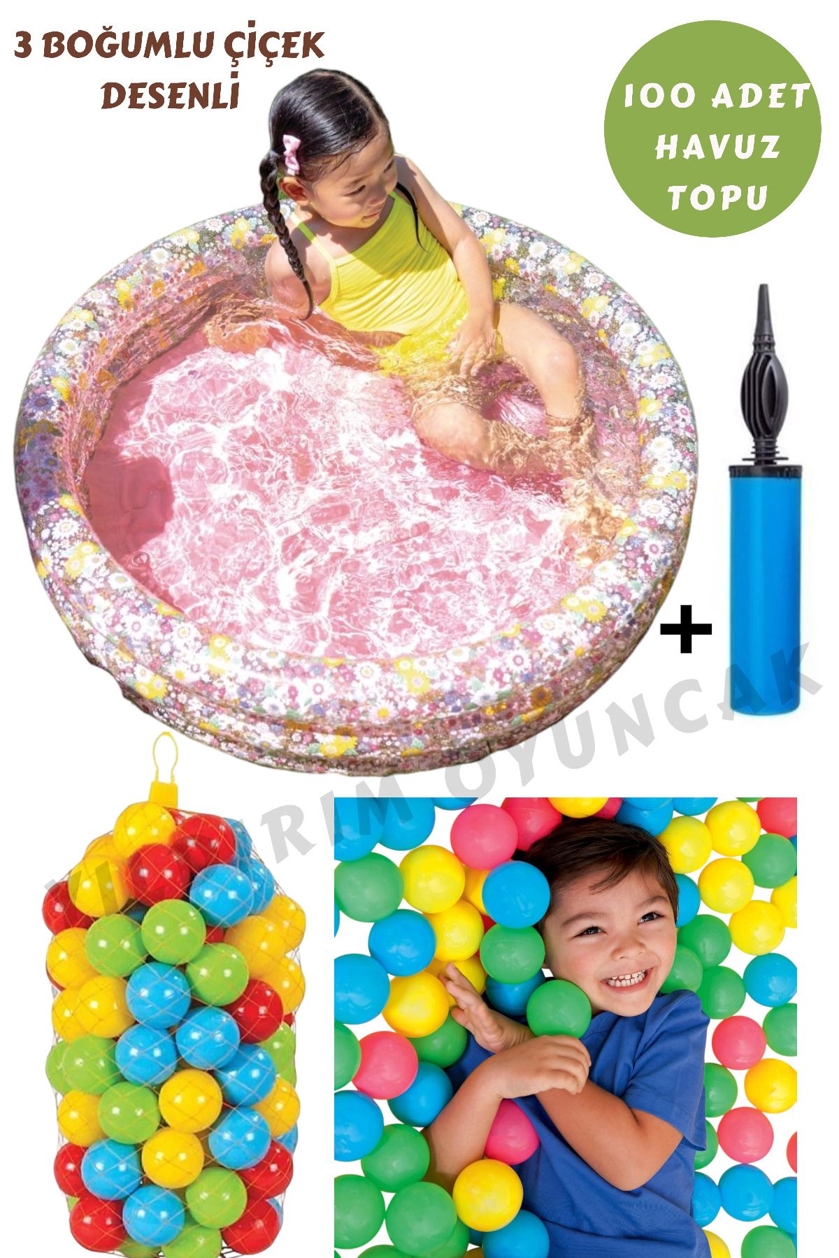 YILDIRIM OYUNCAK 3 Boğumlu Şişme Tabanlı Çiçek Desenli Bebek Çocuk Havuzu 86x25cm 100 Adet Havuz Topu 6 cm Pompalı