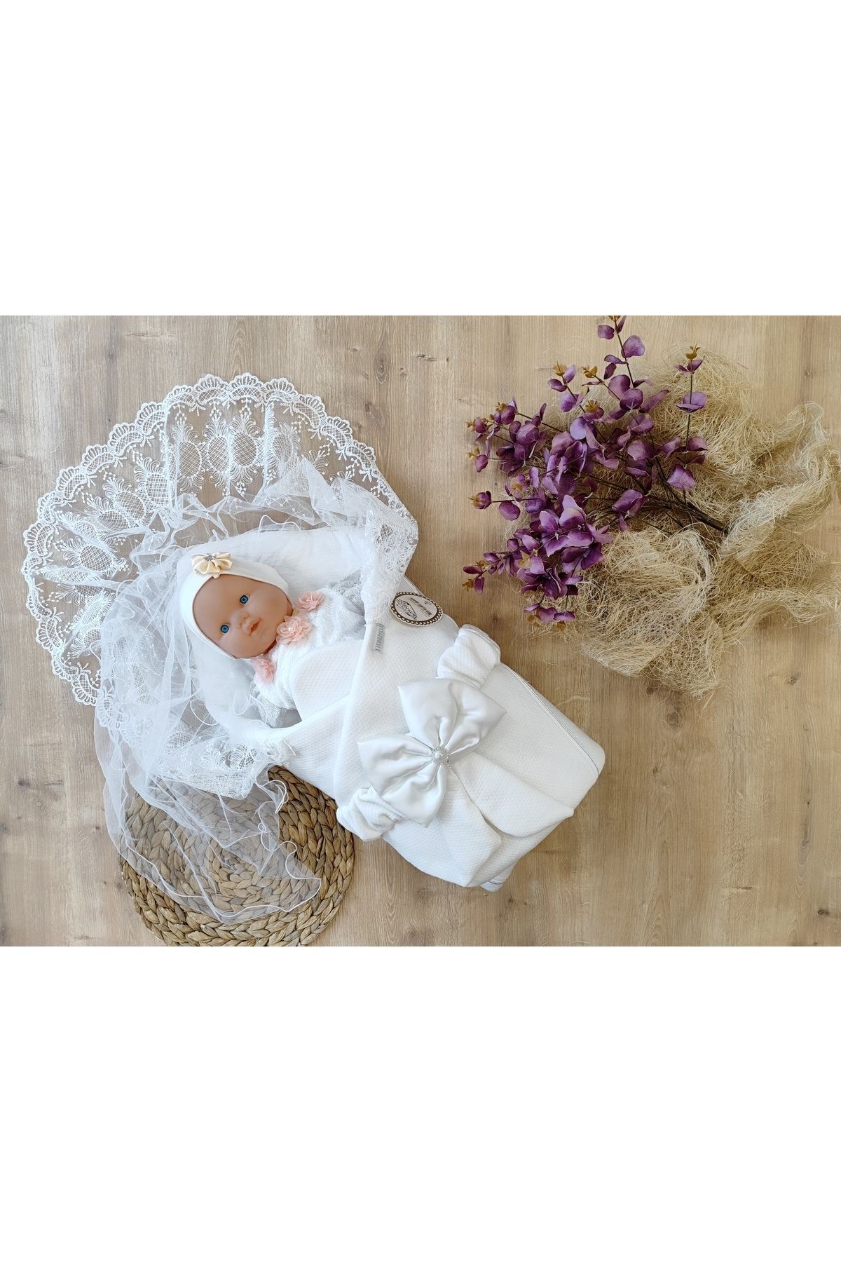 Tomuycuk Ekru Kız Erkek Bebek Battaniyesi Kundağı %100 Pamuklu Dantelli Yenidoğan Hastane Çıkışı Mevlütlük Kn fotoğrafı 2 (önizleme)