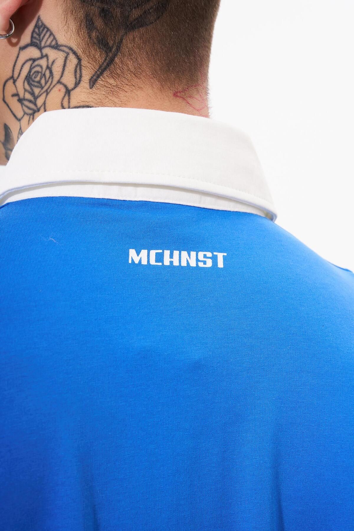 Machinist-Men's Piping and Contrast Printed Polo Blue Ecru T-Shirt 4
