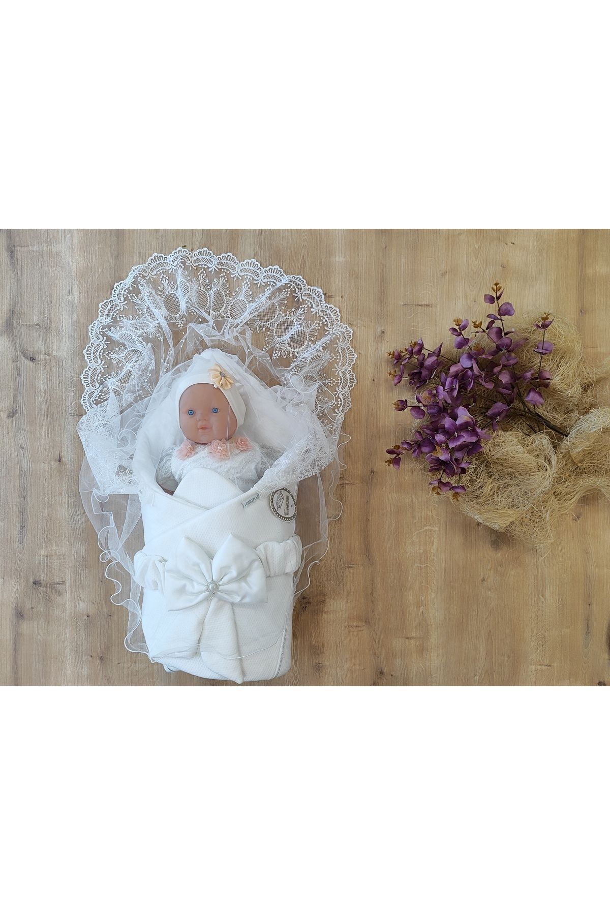 Tomuycuk Ekru Kız Erkek Bebek Battaniyesi Kundağı %100 Pamuklu Dantelli Yenidoğan Hastane Çıkışı Mevlütlük Kn fotoğrafı 7 (önizleme)