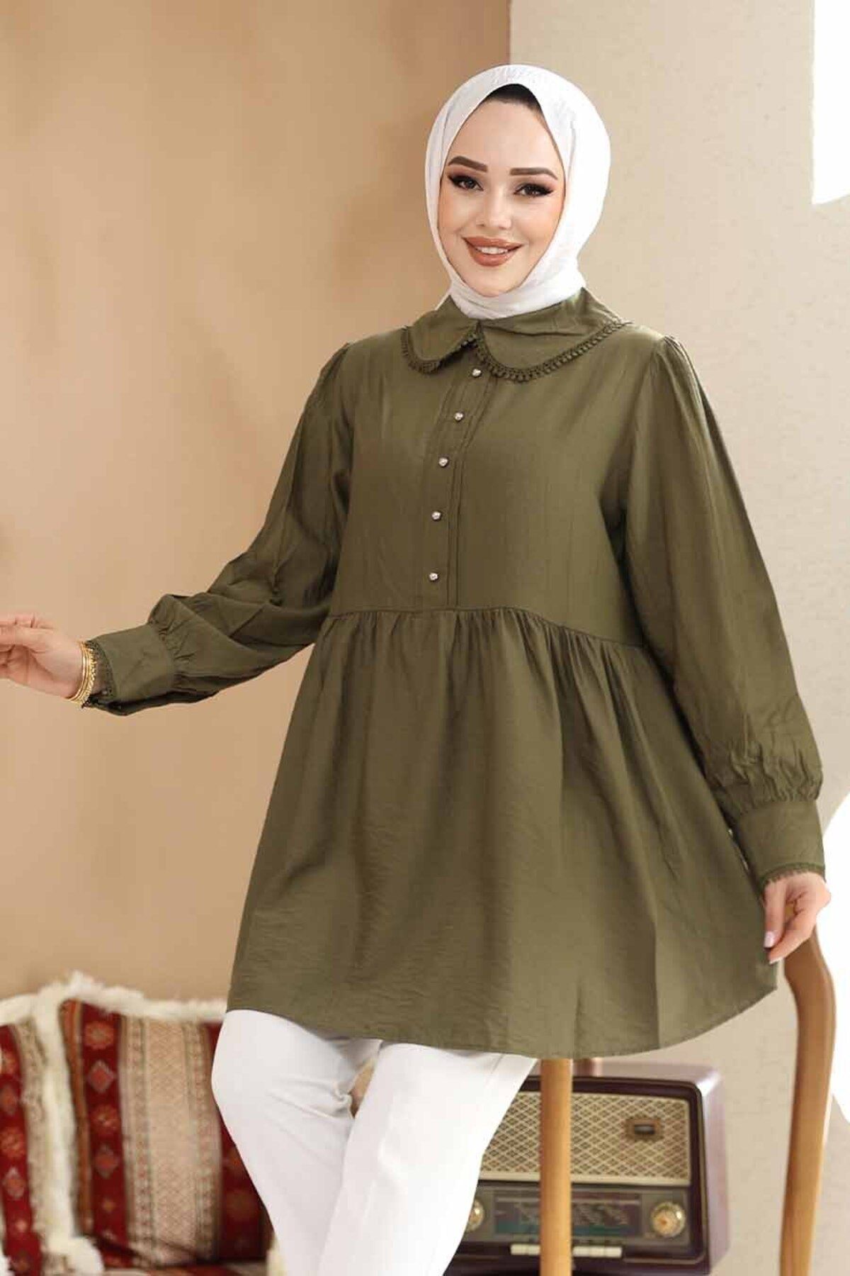 Neva Style Bebe Yaka Haki Tesettür Tunik 40691HK