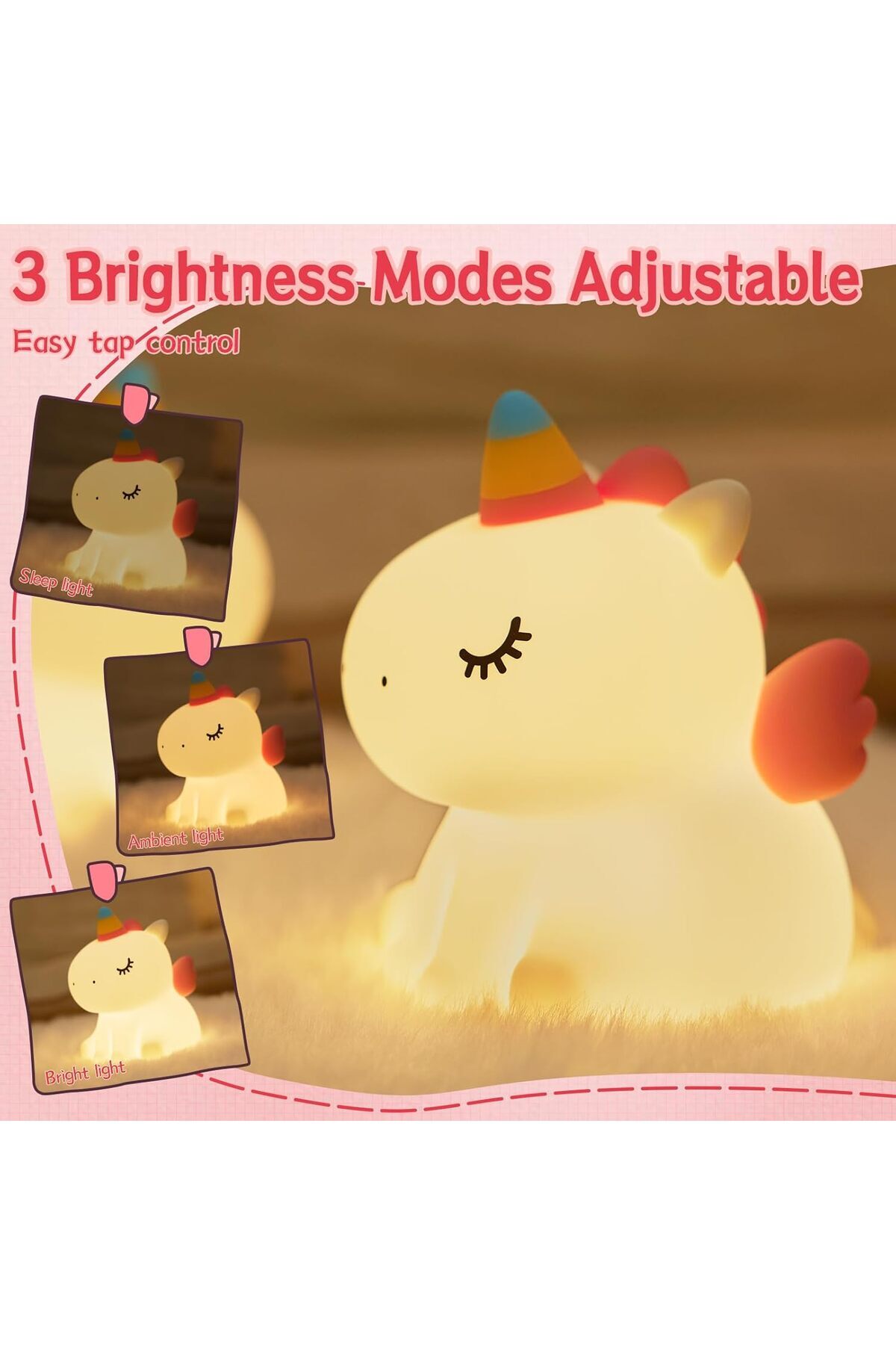 AWH-Unicorn Night Light, 3 Light Modes, Dimmable with Timer, Touch Control Lamp for Kids 3