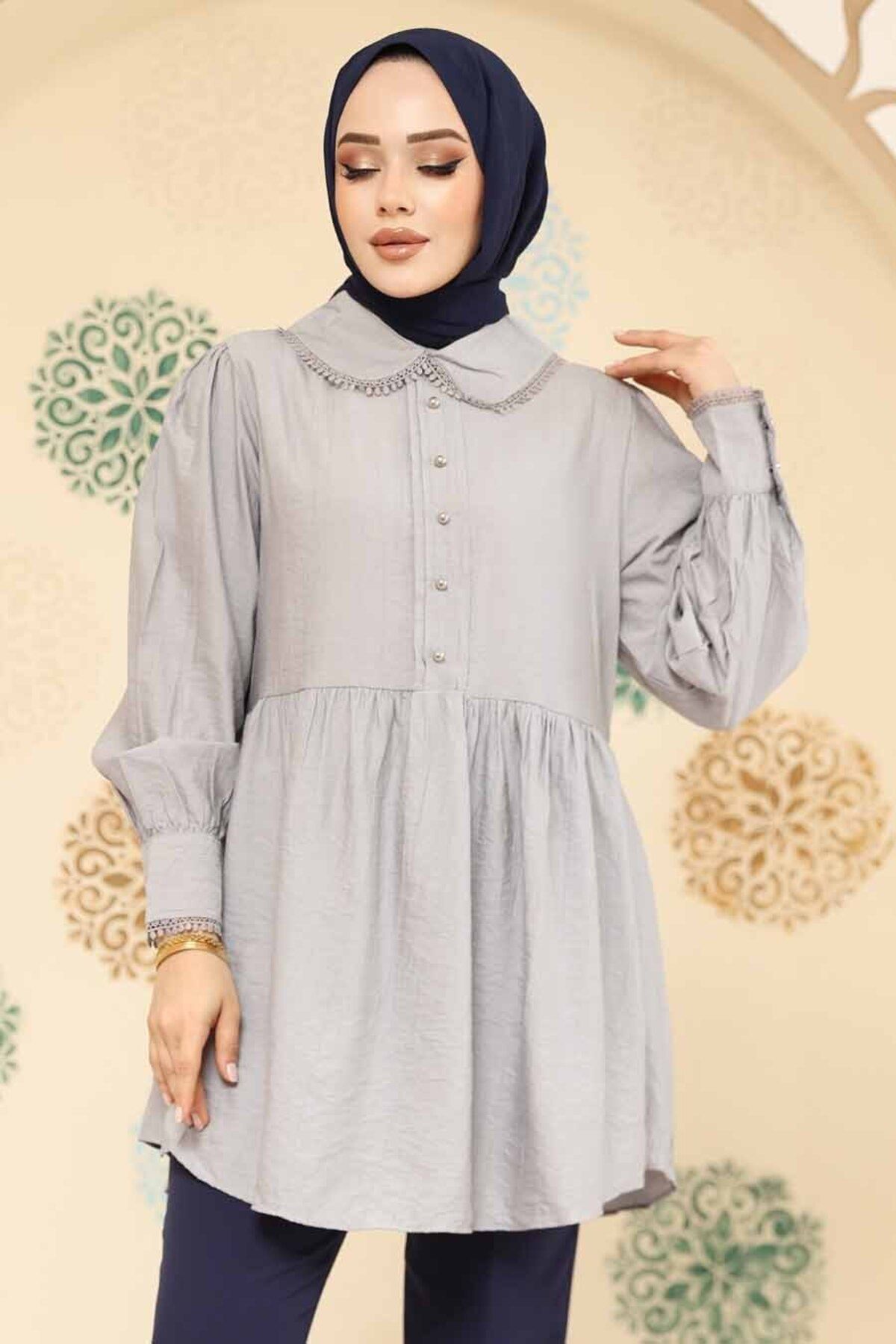 Neva Style Bebe Yaka Gri Tesettür Tunik 40691GR