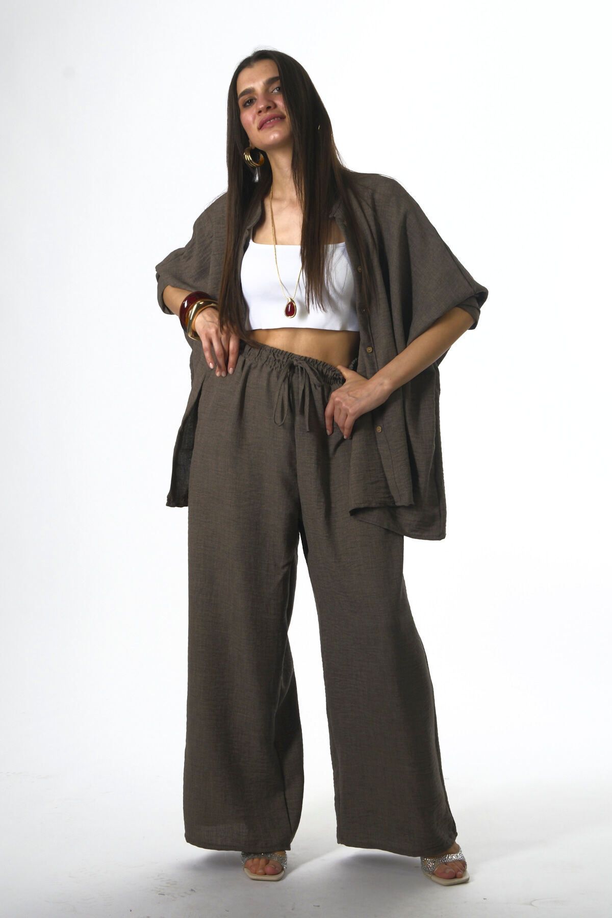 ABBRA-Women's Cotton Judge Collar Elastic Waist Summer Suit 3