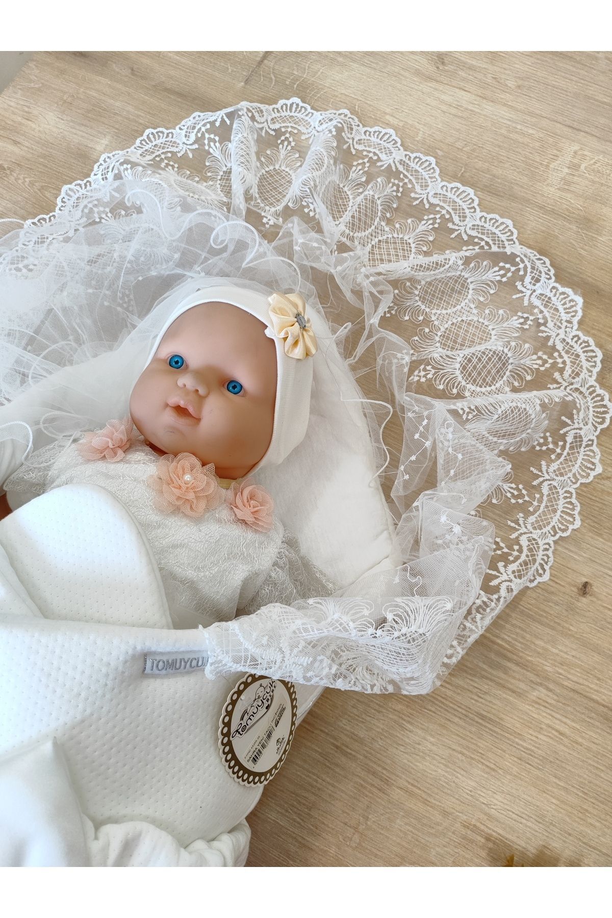 Tomuycuk Ekru Kız Erkek Bebek Battaniyesi Kundağı %100 Pamuklu Dantelli Yenidoğan Hastane Çıkışı Mevlütlük Kn fotoğrafı 3 (önizleme)