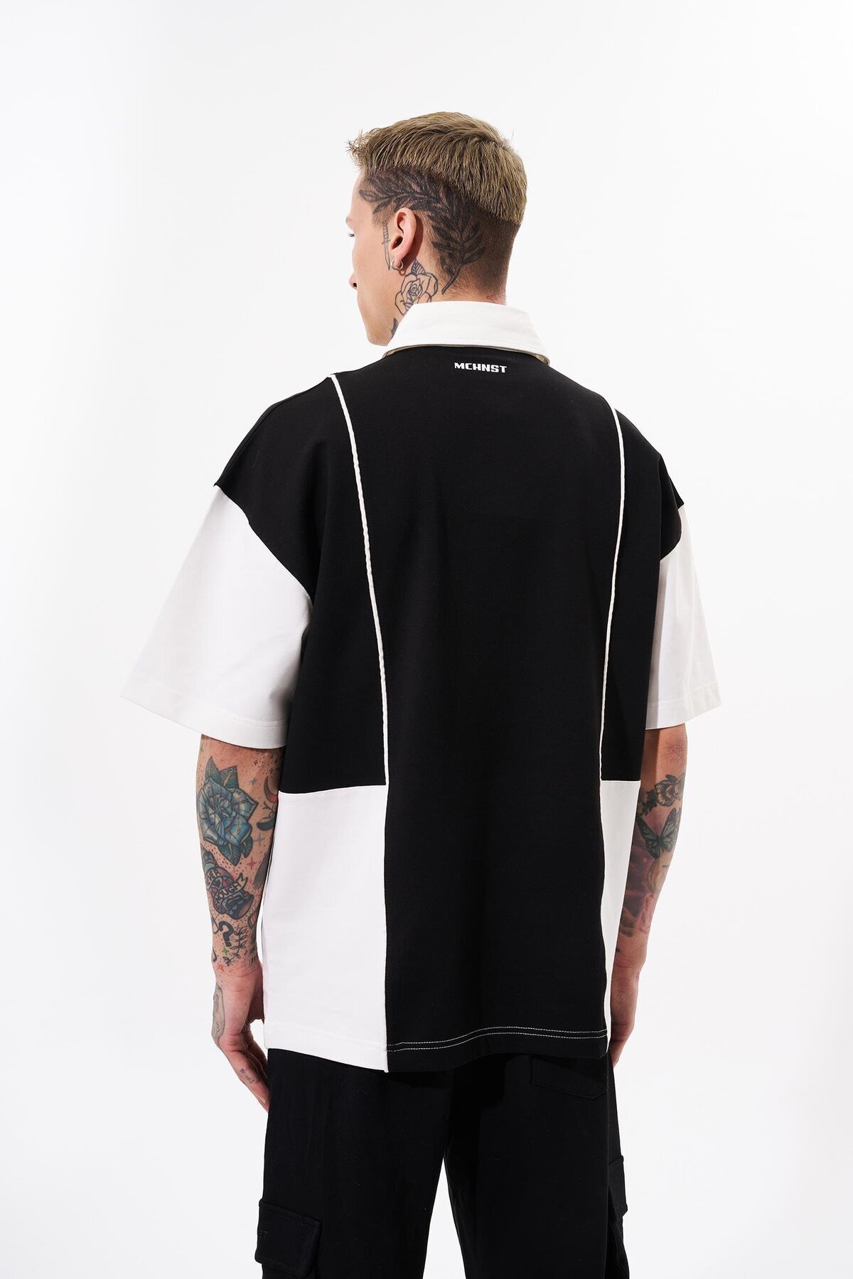 Machinist  Erkek Piping And Contrast Baskılı Polo Siyah Ekru Tişört - Görsel 3