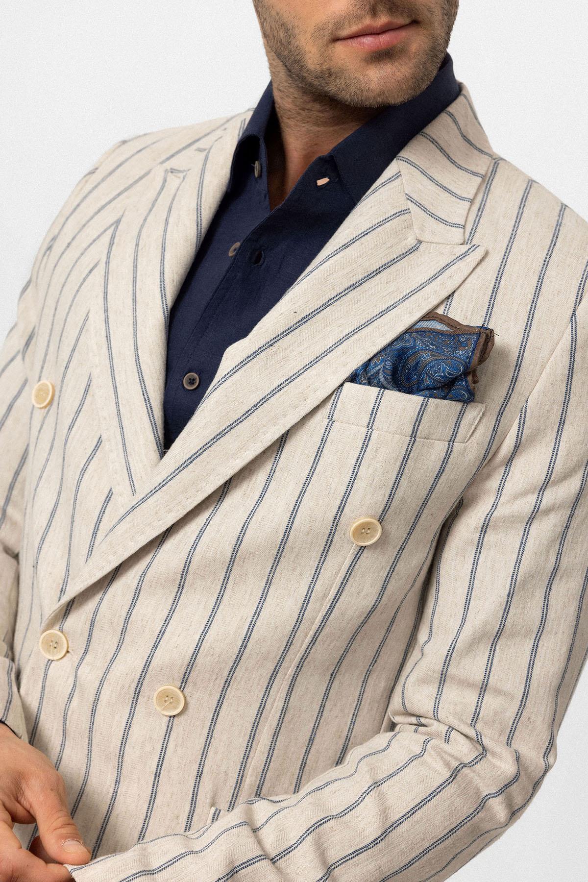 Antioch-Ecru-Indigo Linen Blended Double Breasted Men's Blazer Jacket 5
