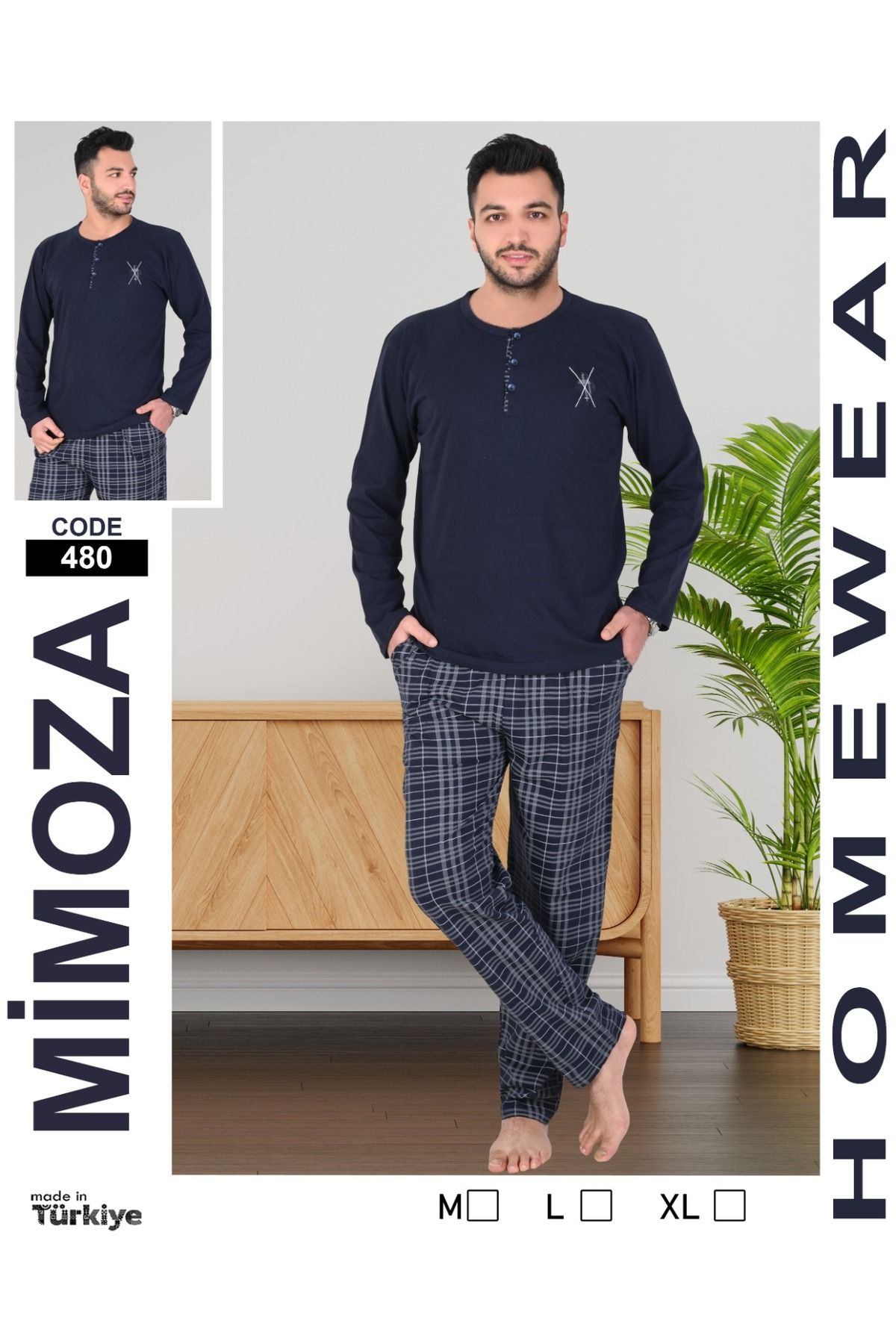 Mimoza Erkek uzun kollu ekose desen pijama takımı