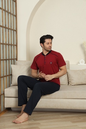 MODAREYA Kısa Kollu Bordo Renk Yakası Düğmeli Nakışlı Erkek Pijama Takımı