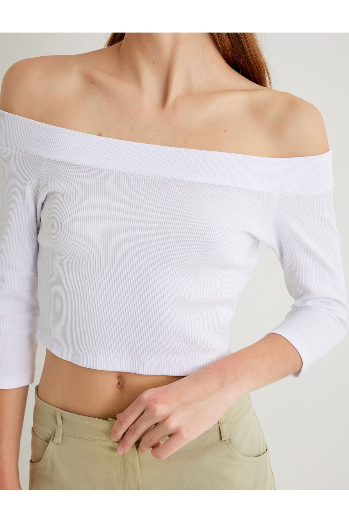 Koton-Νέα σεζόν Koton X Sima Tarkan - Μπλουζάκι με ανοιχτό ώμο Crop T-shirt με μήκος μανίκι βαμβακερό λεπτή εφαρμογή 5